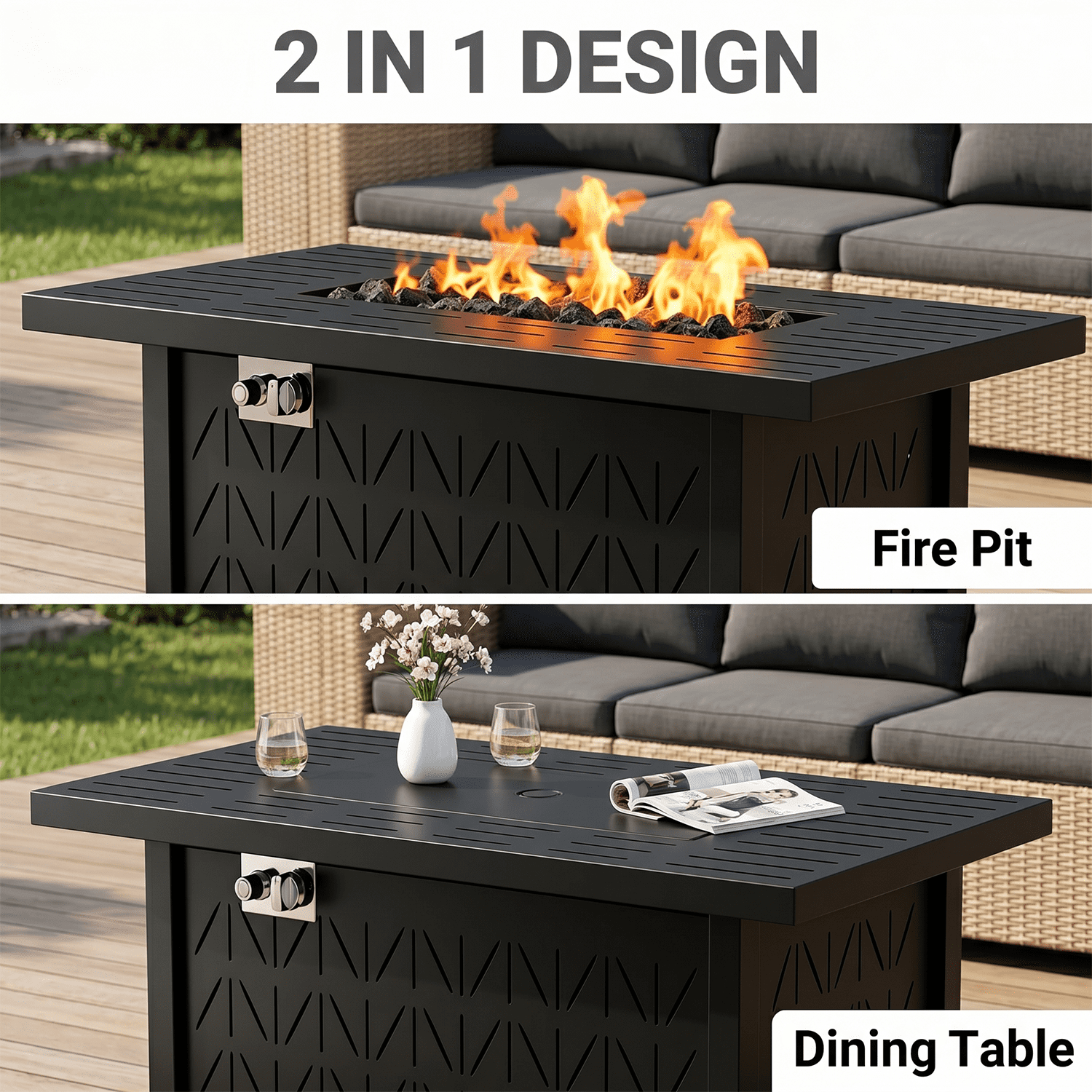 Vornel 43 in Rectangular Propane Fire Pit Table, 50000 BTU 2-in-1 Gas Fire Table with Lid and Cover (Black, 43 in) yeym8