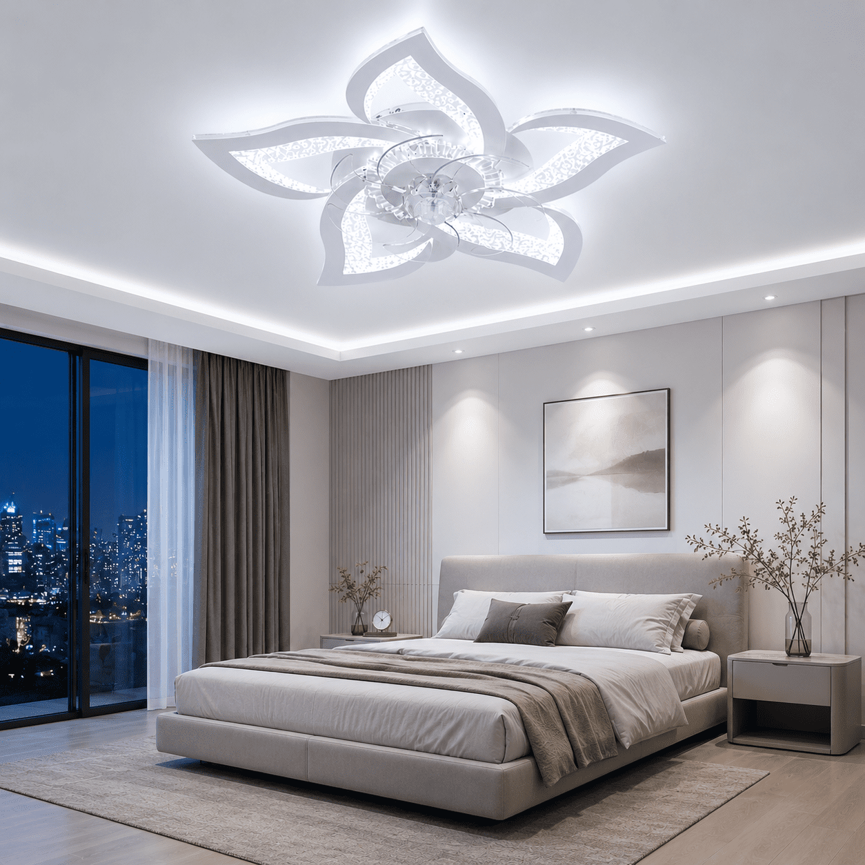 Garwarm 24.6 in Flower Ceiling Fan with Light, Low Profile Flush Mount Fandelier, Dimmable LED Light with Remote, 6-Speed Reversible Motor (White, 24.6 in) b9vrf