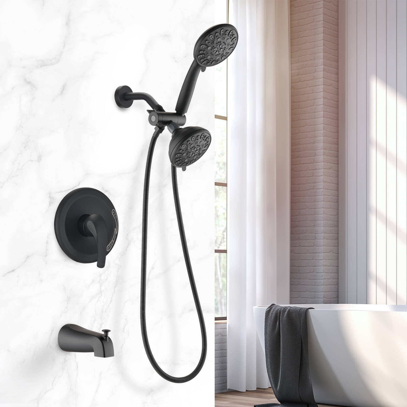 PROOX High Pressure Dual 2-in-1 Rain Shower Head and Handheld Combo Set with Bathtub Spout (Black, 5 in) dp801