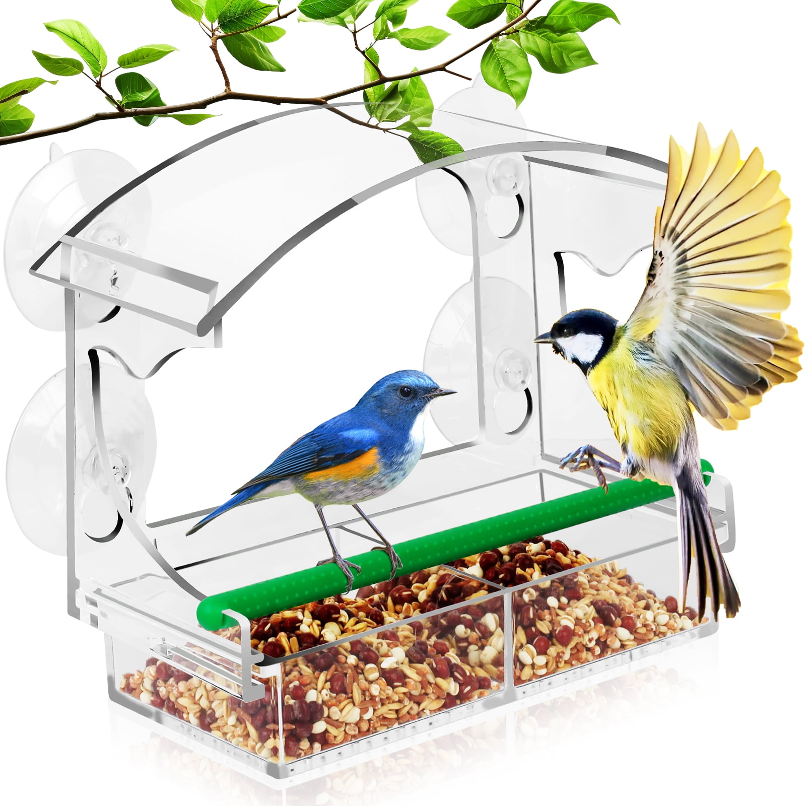 PHANCIR Window Bird Feeder for Outdoors, Clear Acrylic Bird House with Strong Suction Cups and Removable Seed Tray (10.5 in x 3.93 in x 7 in) 8w4ps