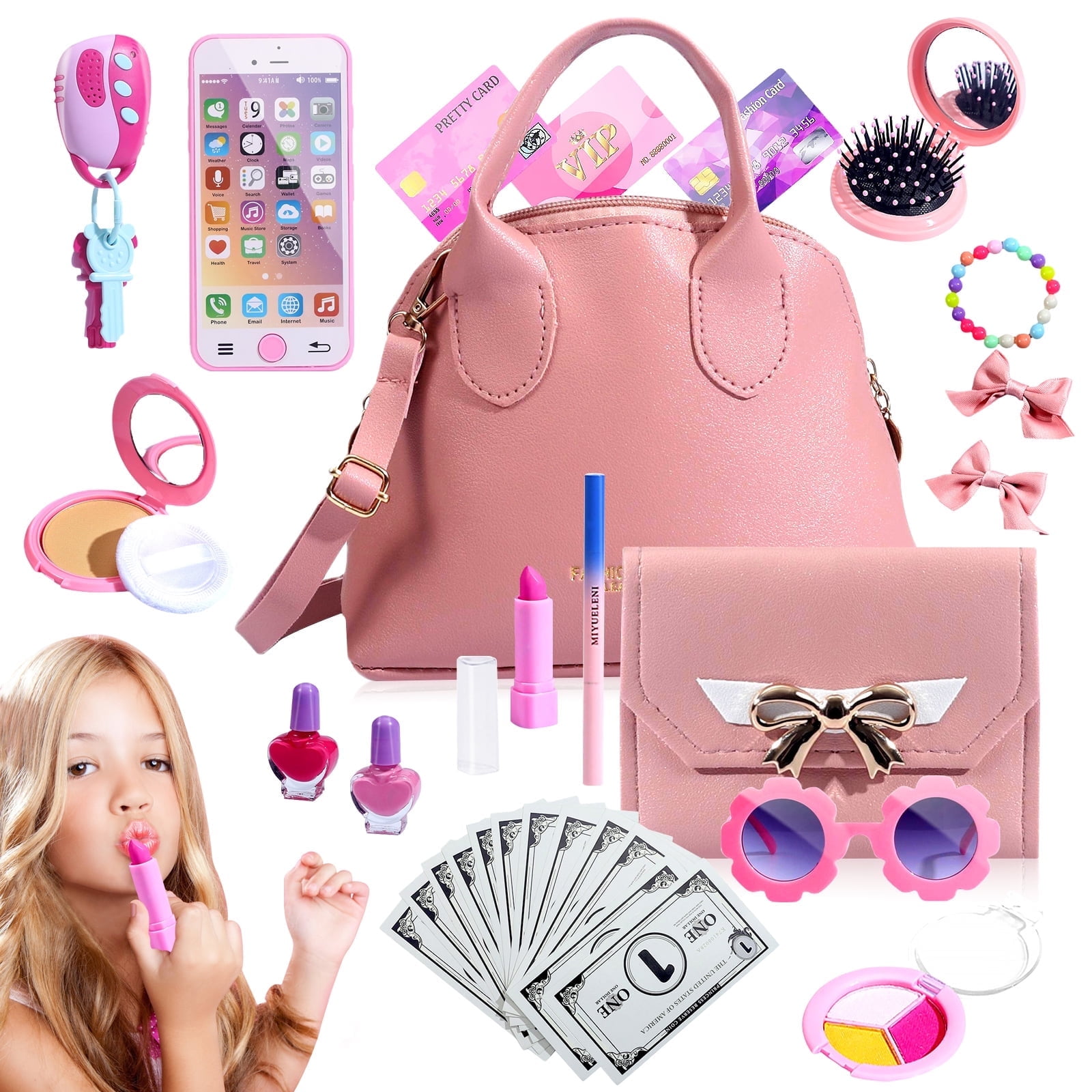 Somnr 31-Piece Kids Pretend Play Purse and Makeup Accessory Set with Musical Toy Phone (Pink, 31-Piece) ci0uu
