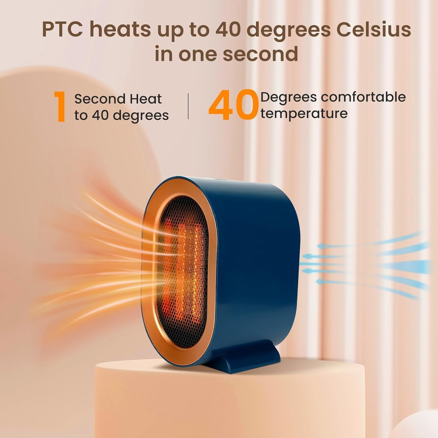 OhhGo Portable PTC Ceramic Space Heater for Indoor Use, Quiet Desktop Heater with Overheat & Tip-Over Protection (Blue, 1200W) u6jld