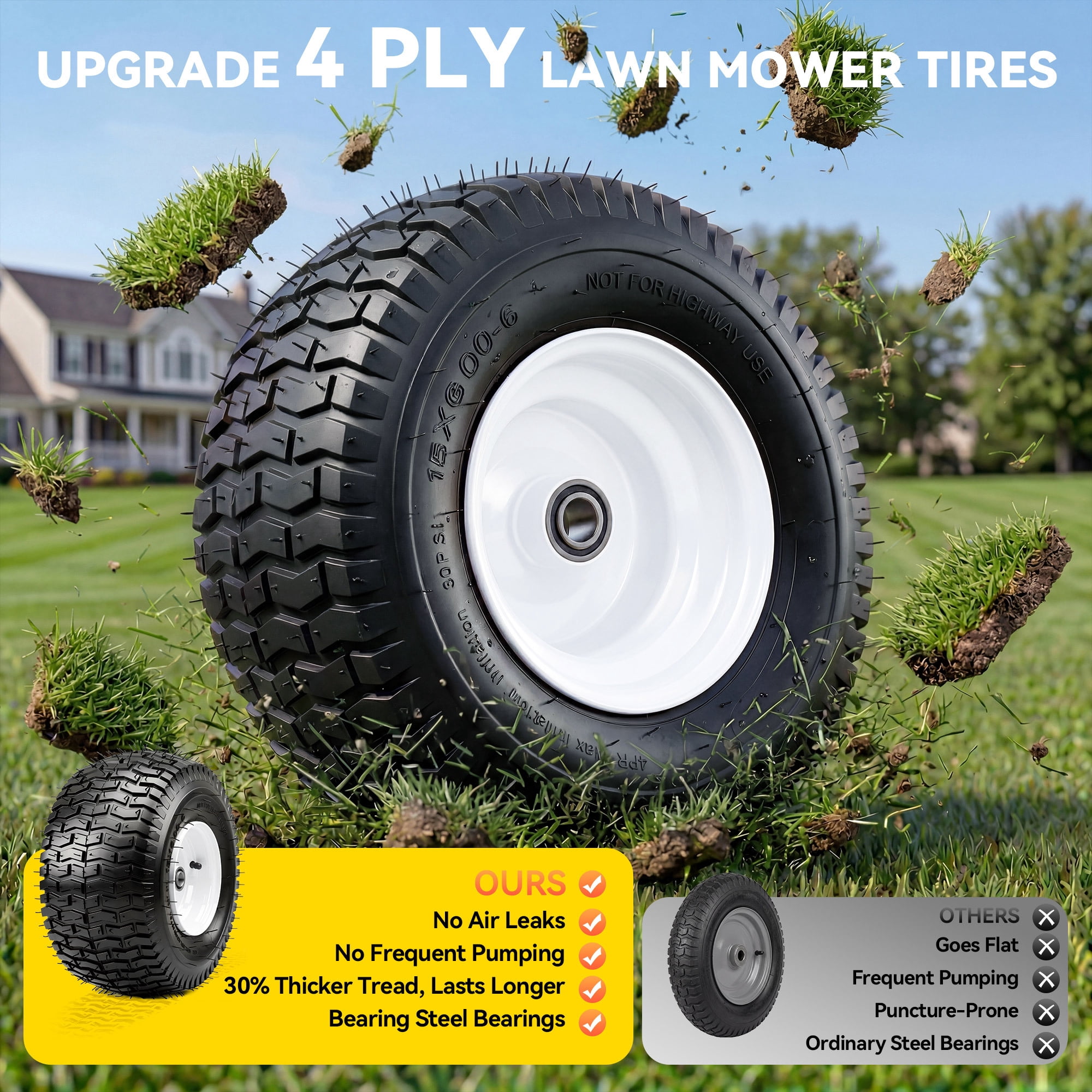 Dextrus 15x6.00-6 Lawn Mower Tire and Wheel Assembly (4-Ply Pneumatic, 3 in Centered Hub, 3/4 in Bearings, Set of 2) pggvs