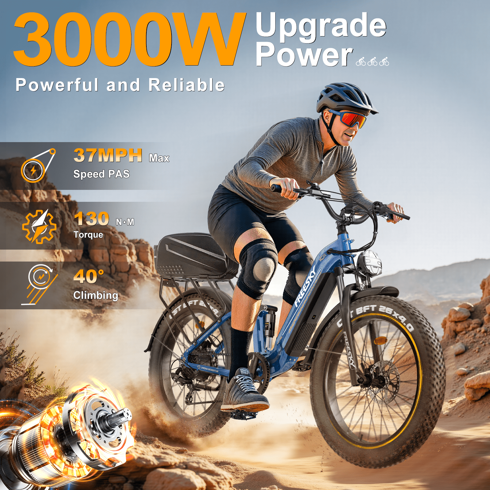 FREESKY Electric Bike for Adults 3000W Motor 105-Mile Range Step-Thru E-Bike (Blue, 26 in Fat Tire) ctz14