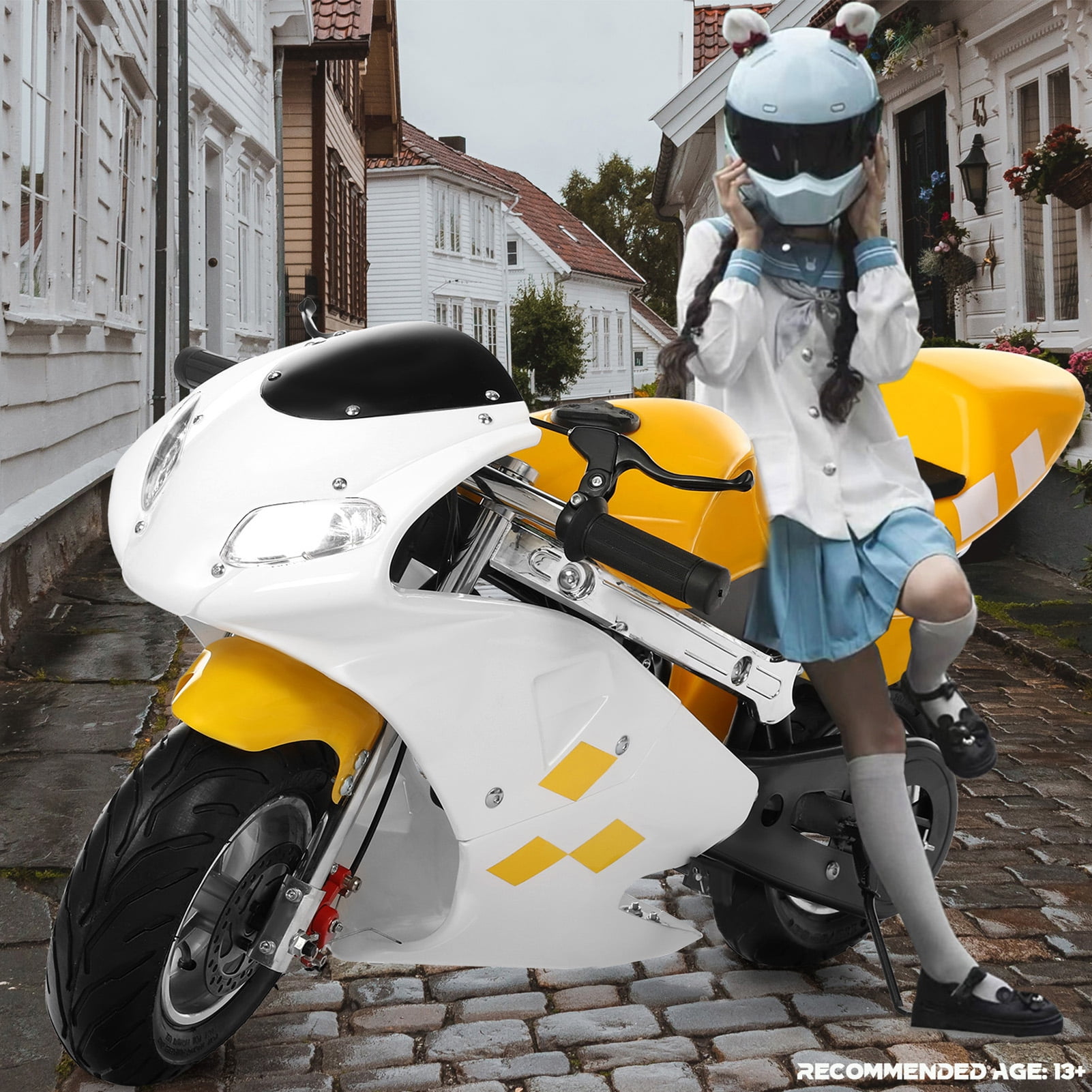 Aqyh Kids Gas Pocket Bike, 49cc 2-Stroke Mini Motorcycle with Dual Disc Brakes and Headlights (White and Yellow, 170 lb Max Load) caajz