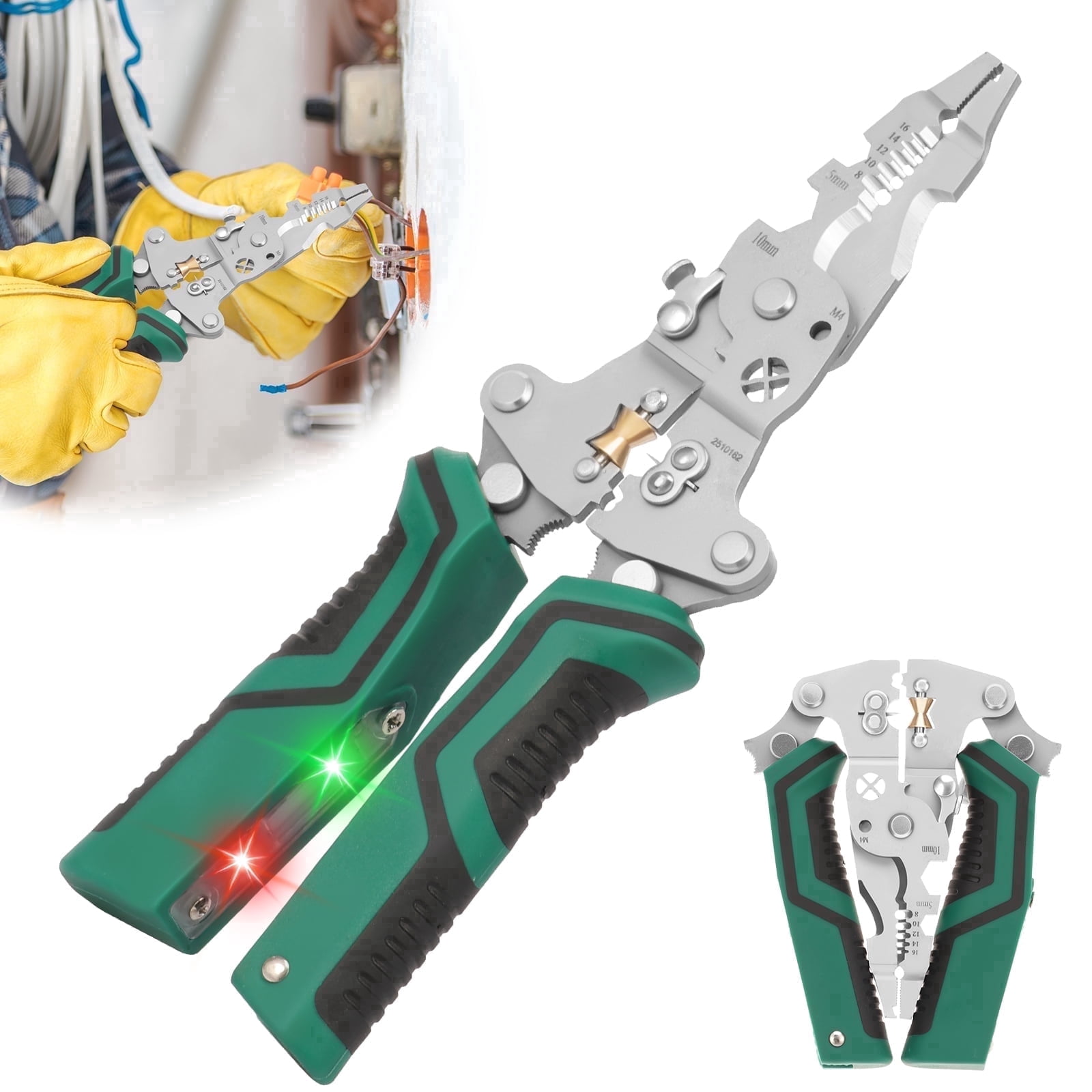 Wakehye 18-in-1 Foldable Wire Stripper with Voltage Tester and Crimping Tool (Green, 8-16 AWG) c1zfn