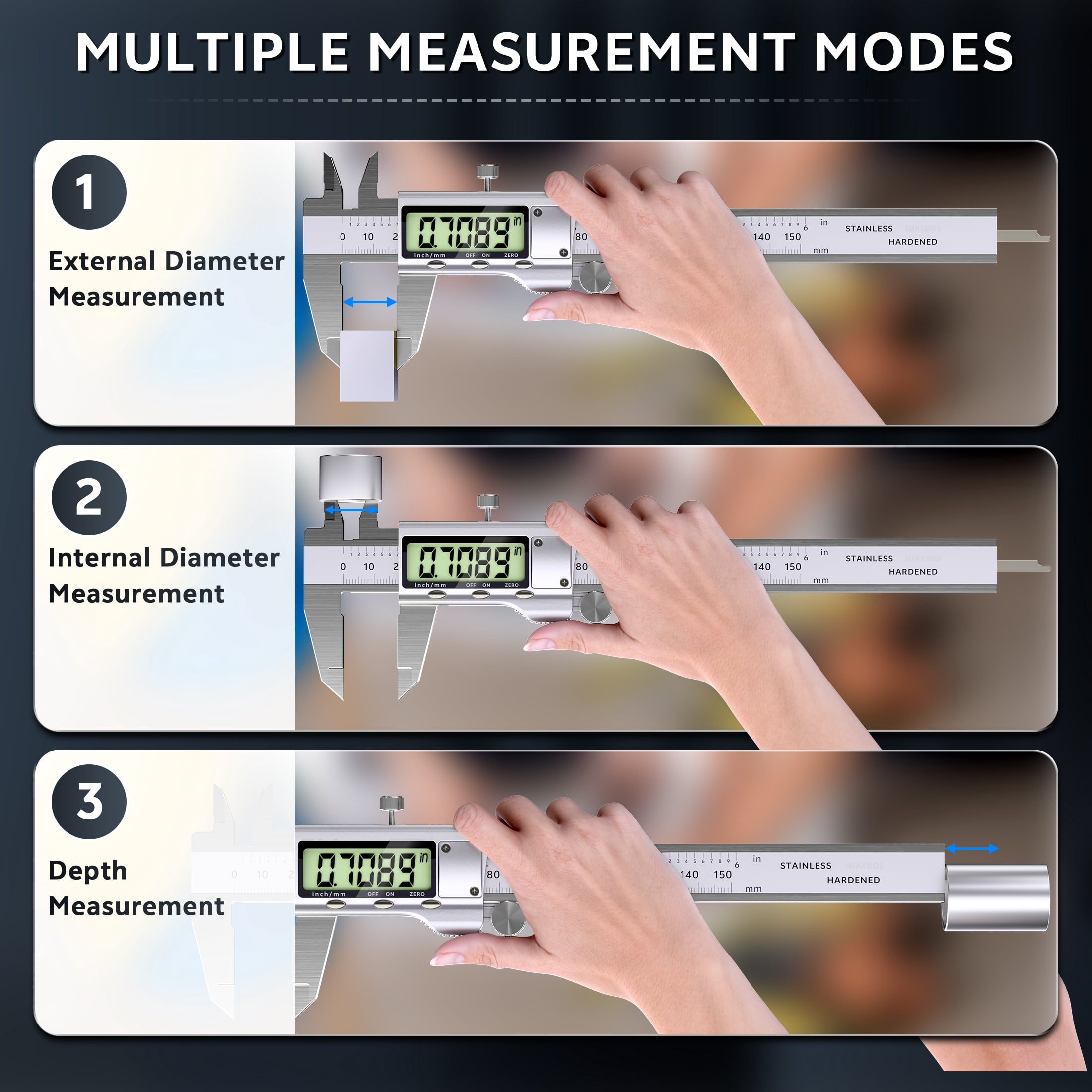 IMAXBOS 6-Inch Digital Caliper, Professional Stainless Steel Vernier Tool with LCD Display (Silver, 6 in) zwyc5