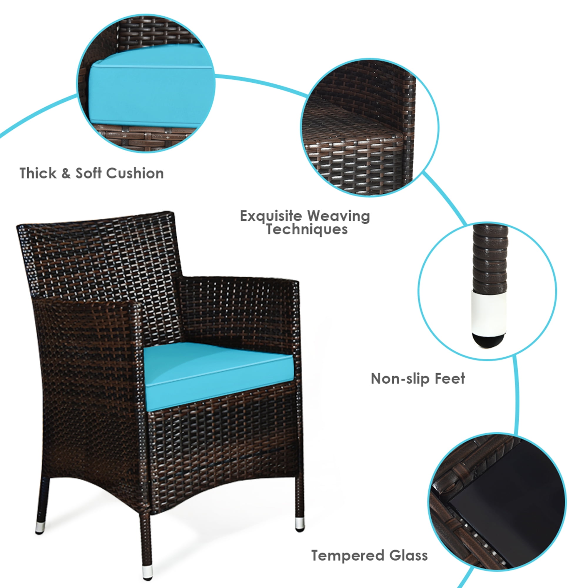 Gymax 4-Piece Patio Rattan Conversation Furniture Set with Turquoise Cushions (Outdoor/Indoor) 572c2