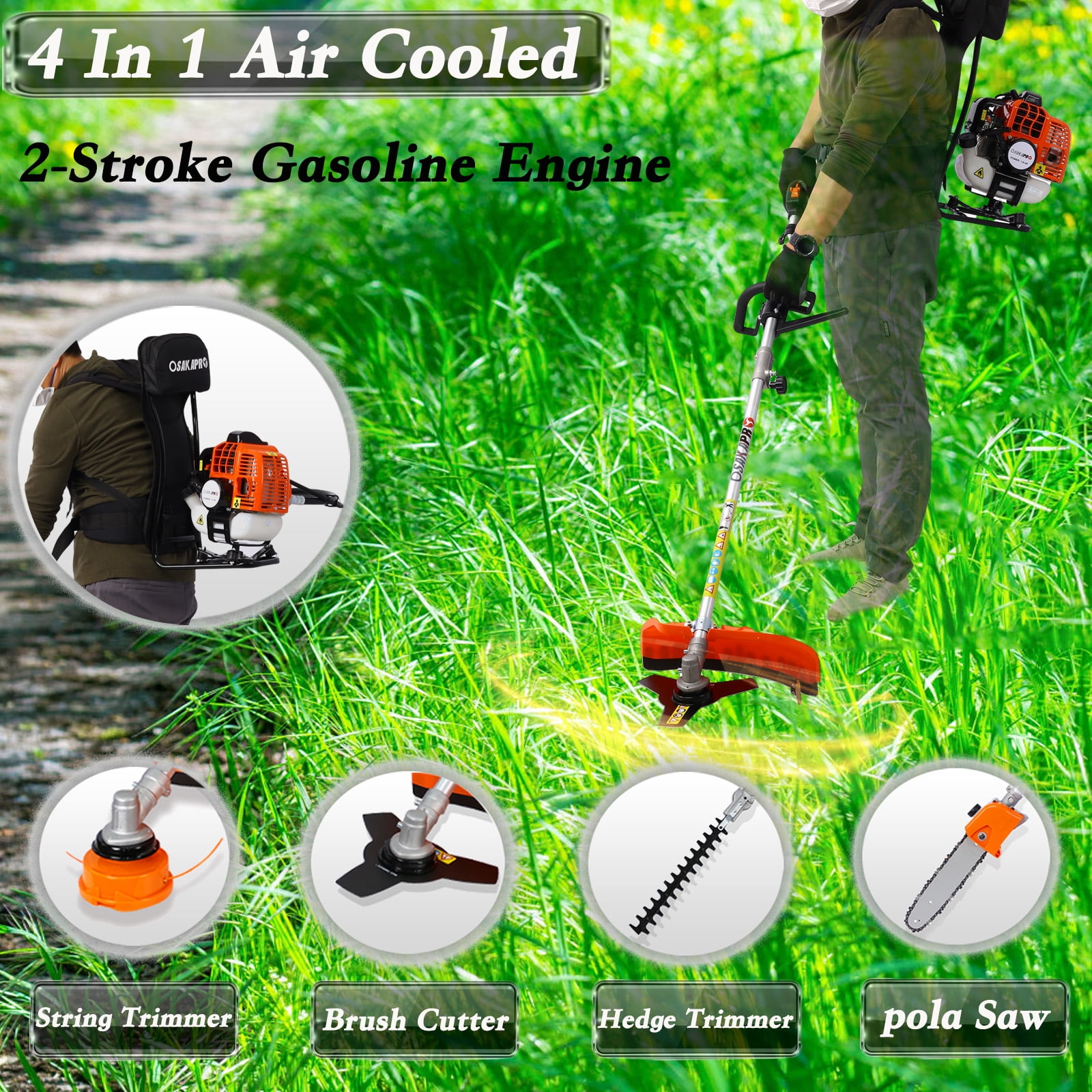 POWANLI 4-in-1 Gas Garden Tool System, Multi-Functional Backpack Trimmer with Hedge Trimmer, Pole Saw, Grass Trimmer, and Brush Cutter (52cc, 1 Pack) 4a5ed