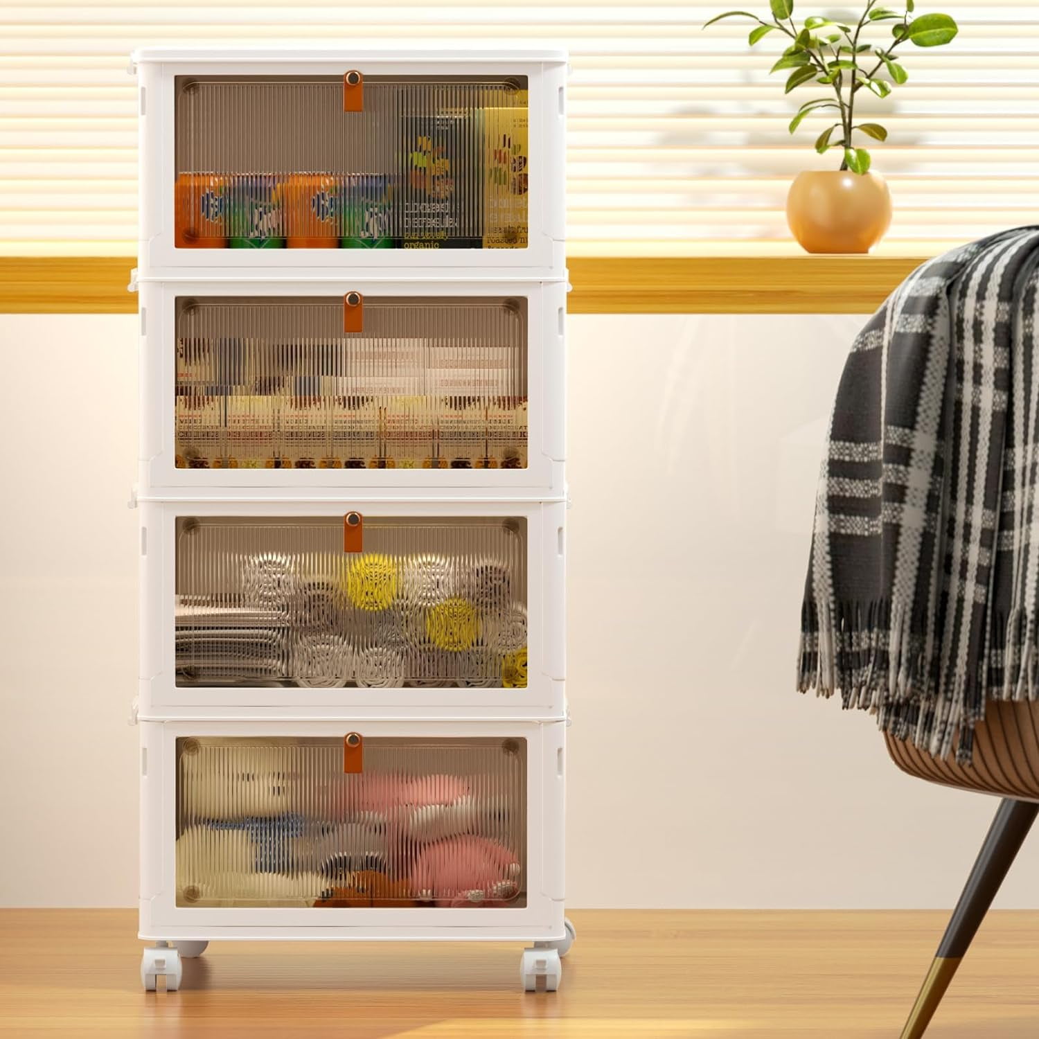 OKENTEN 4-Tier Rolling Storage Bins with Lid, Stackable Folding Organizer for Home and Office (White, 15.35 in x 11 in x 32.87 in) zvqx7
