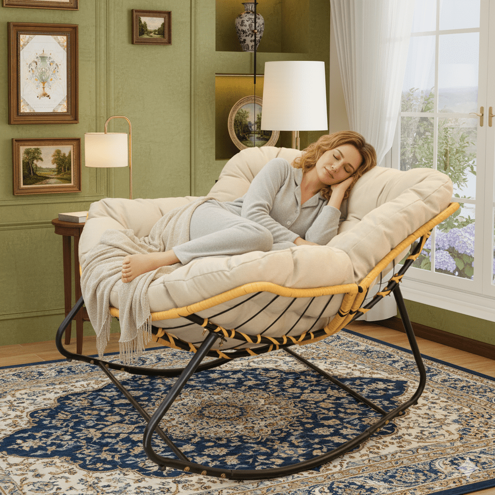 LUMAMIN Oversized Round Glider Rocker Chair, Indoor and Outdoor Rattan Wicker Accent Chair for Living Room and Patio (Beige) o12kz