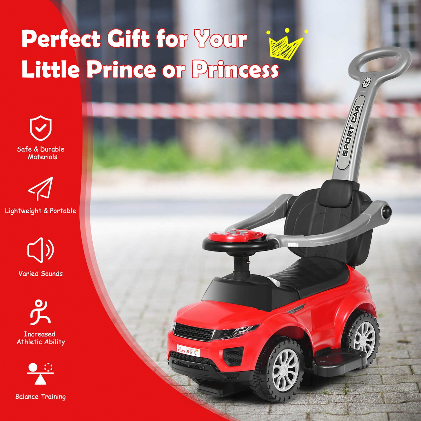 INFANS 3-in-1 Ride-On Push Car Toddler Stroller with Music and Storage (Red) yswuz