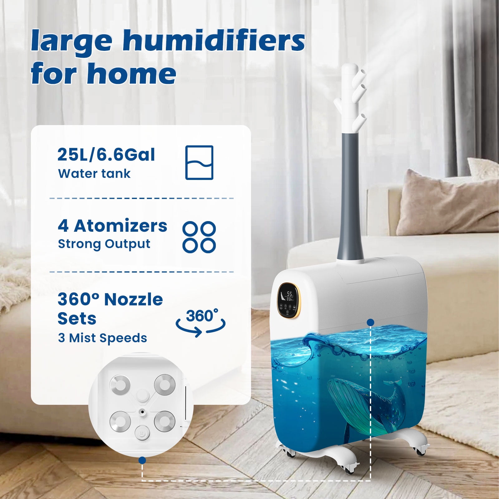 Lacidoll Large Room Humidifier for Whole House, Cool Mist Top Fill Floor Model with 360° Nozzle (White, 6.6 gal) q57rt