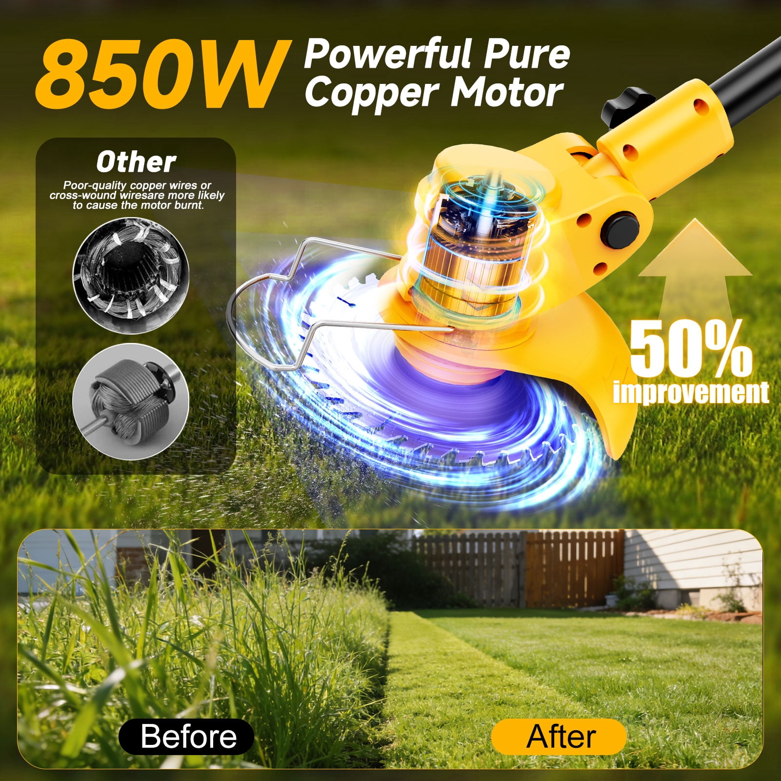 Lemolifys Cordless Electric Grass Trimmer with Wheels and 3 Blades (Yellow, 6 in) ocaa6