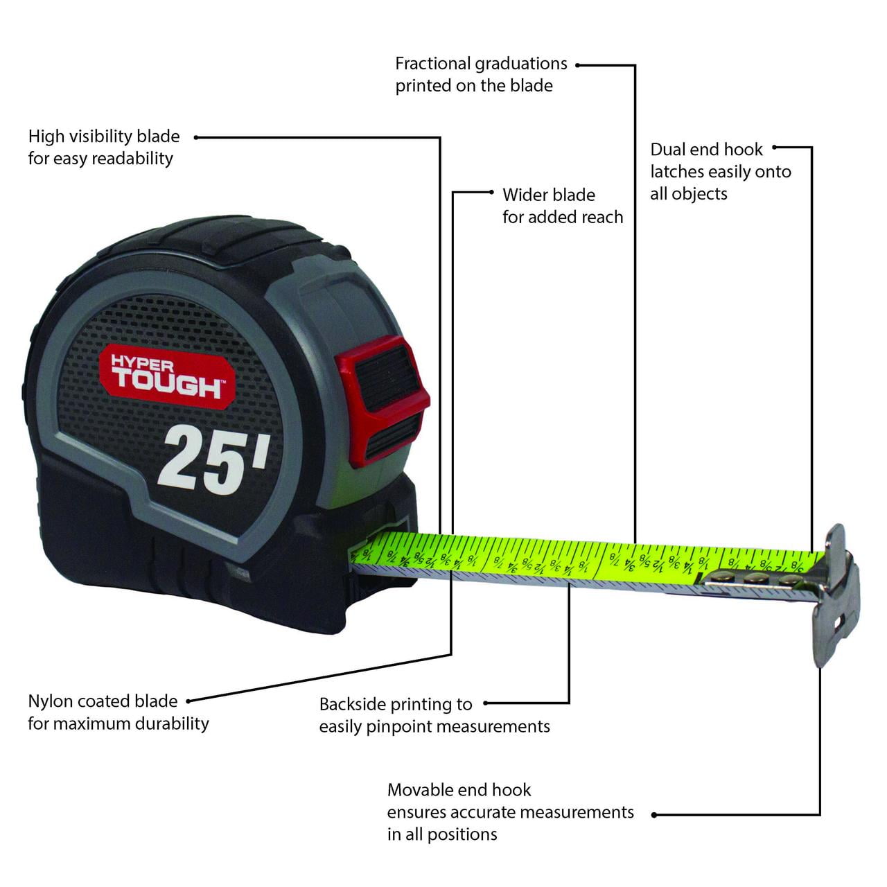 Hyper Tough Wide Blade Steel Tape Measure (Grey, 25 ft) 6gosw