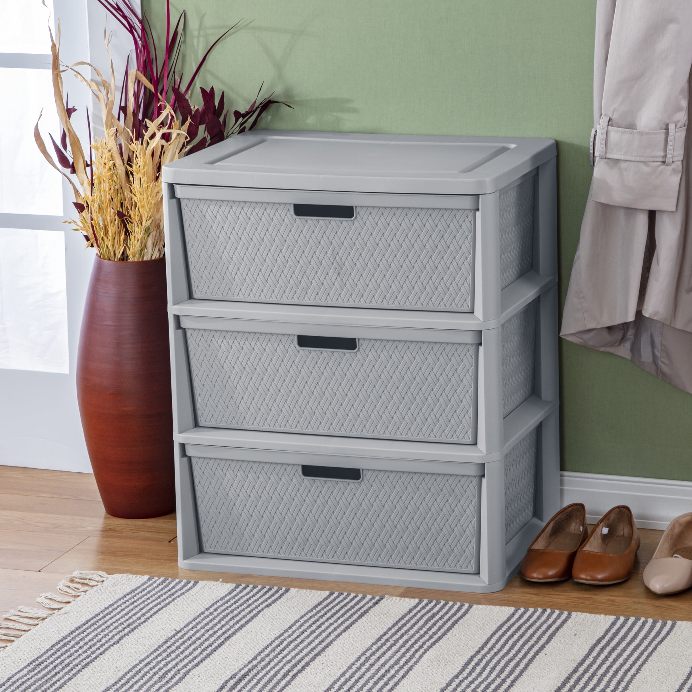 Sterilite Wide 3 Drawer Tower, Plastic Storage Organizer with Removable Bins (Gray, 15.6 in x 21 in x 25.3 in) ni9y1