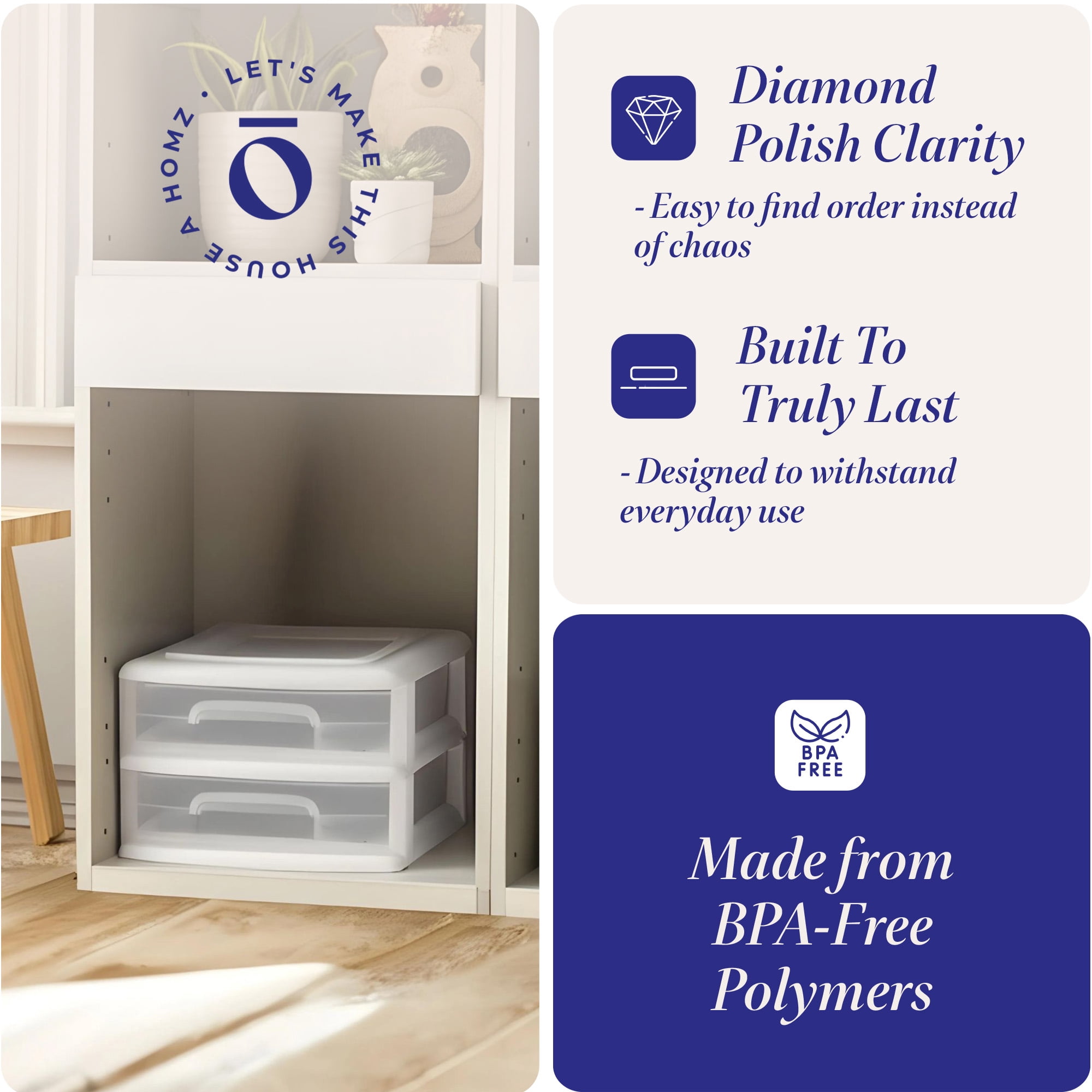 Homz Plastic 2-Drawer Medium Storage Cart Organizer with Clear Drawers (White, 2-Pack) x8qv8