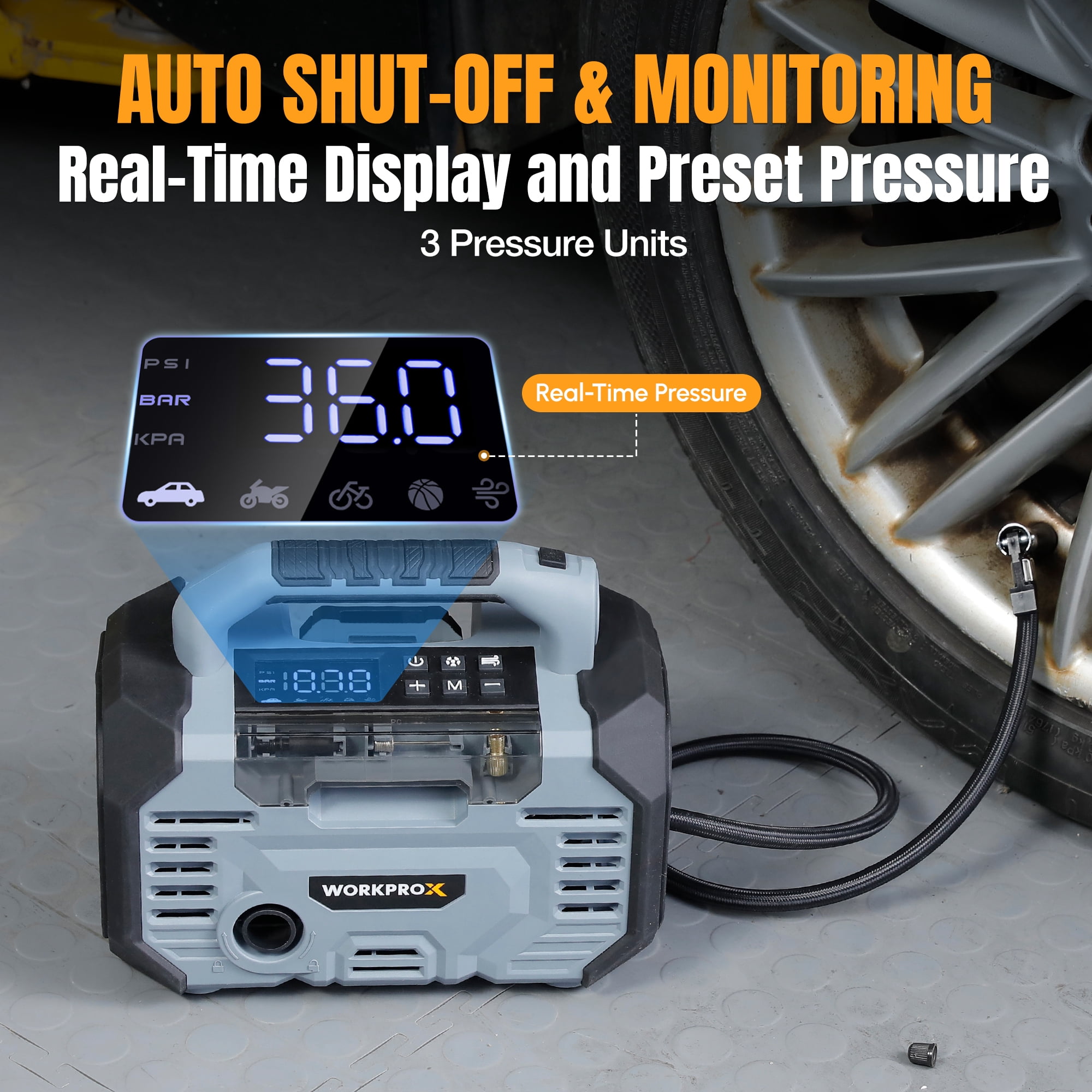 WORKPROX Portable Tire Inflator Air Compressor (150 PSI, 20V Battery & 12V DC Power, Grey, 1 Pack) 3esrz
