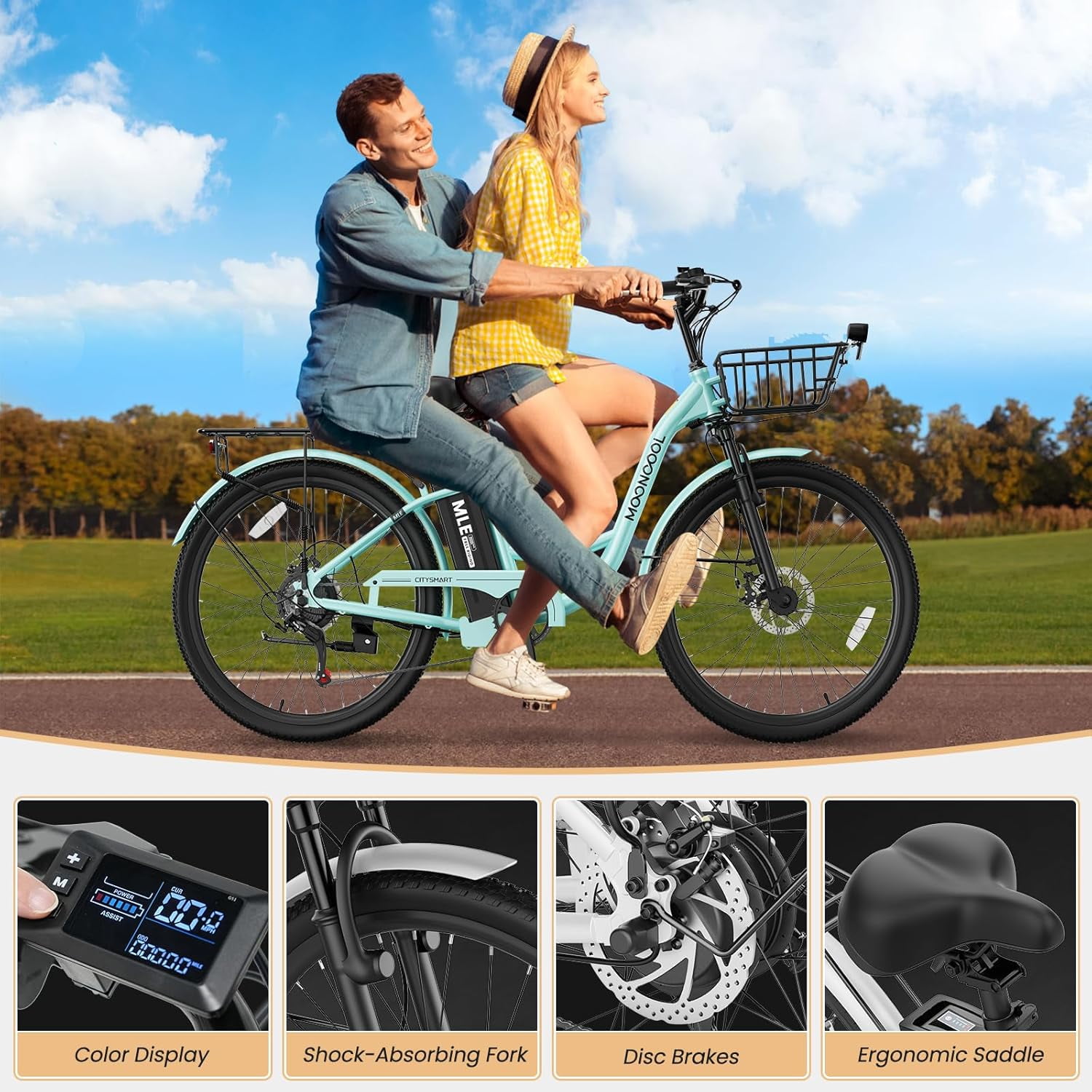 MOONCOOL Electric Bicycle for Adults, 350W Commuter Ebike with 36V 10.4Ah Removable Battery (7-Speed, 40 Miles Range) yrn4k