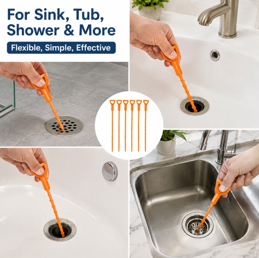 TIKA Drain Cleaning Tool Set, Flexible Snake Clog Remover for Bathroom Sink and Shower (6 Pack, 25 in) 86163