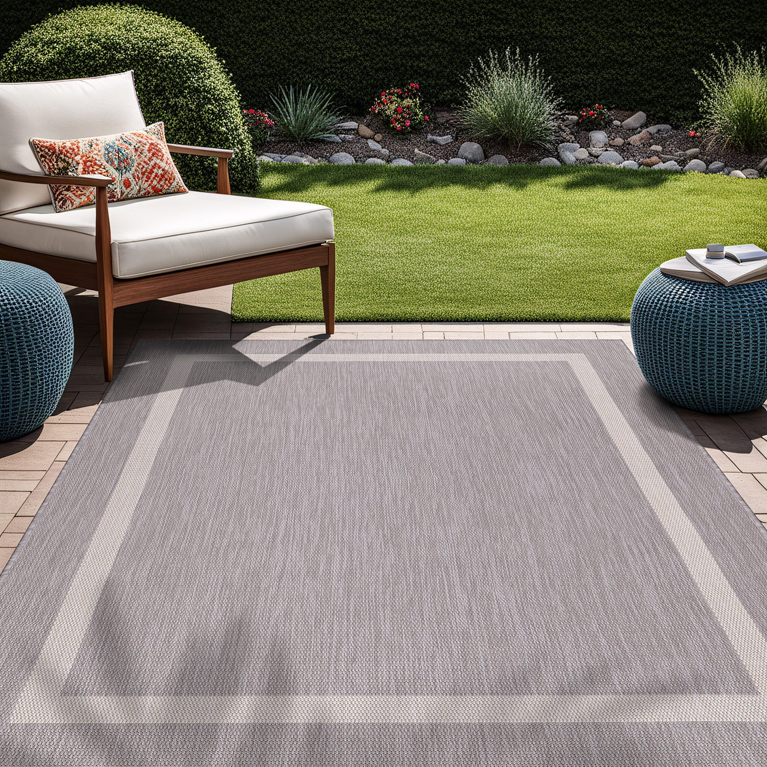 Beverly Rug Indoor Outdoor Area Rug, Bordered Patio Porch Garden Carpet (Gray and White, 5 ft x 7 ft) w4mme