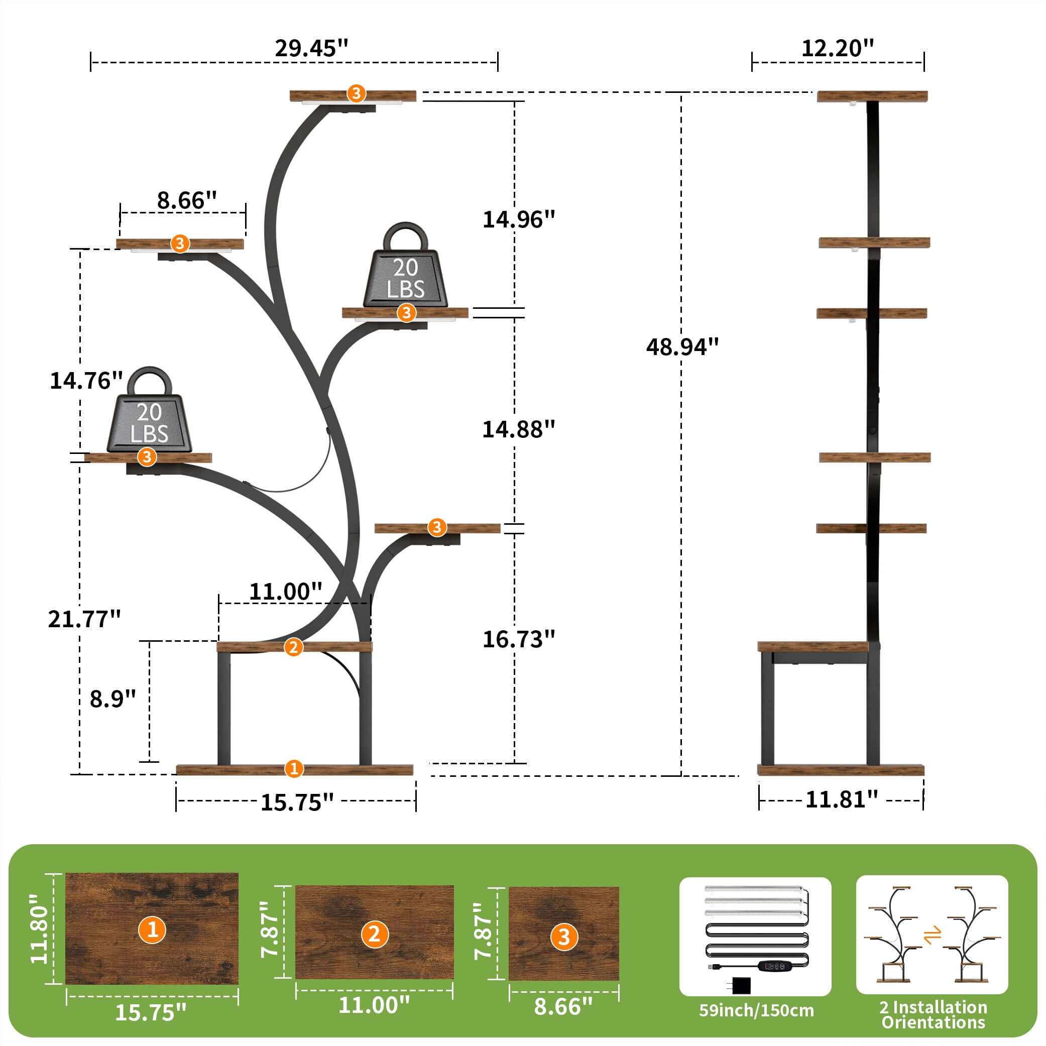 BECOKOME 7-Tier Indoor Plant Stand with LED Grow Lights, Vertical Corner Flower Display Rack (Black, 49 in) 4qr55