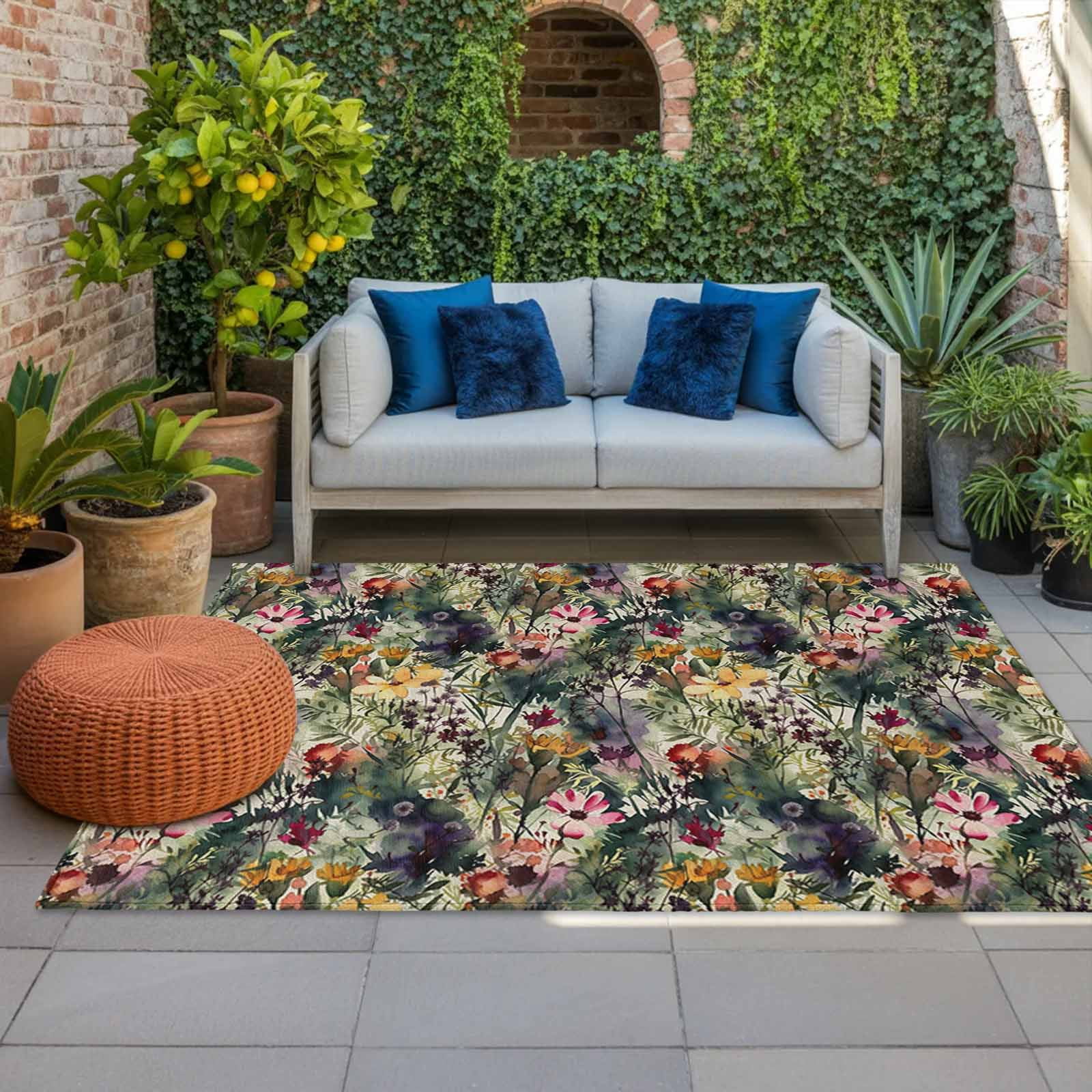 LBCASA Outdoor Rug Floral Watercolor Washable Area Carpet for Patio Deck and RV (Green, 5 ft x 7 ft) n3x34