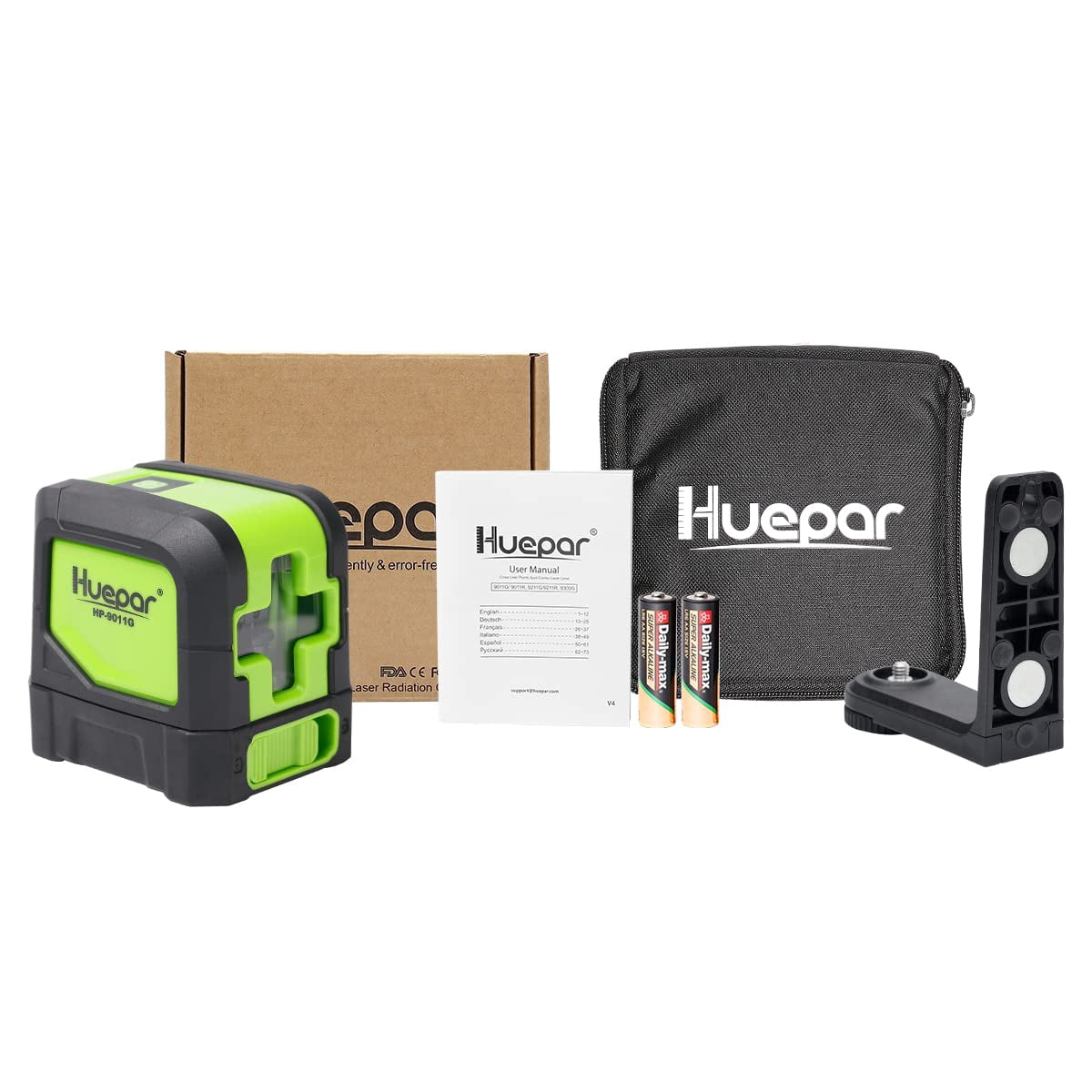 Huepar Cross Line Laser Level Green Beam Self-Leveling Tool with 360° Magnetic Pivoting Base (Green, 85 ft) knfpp