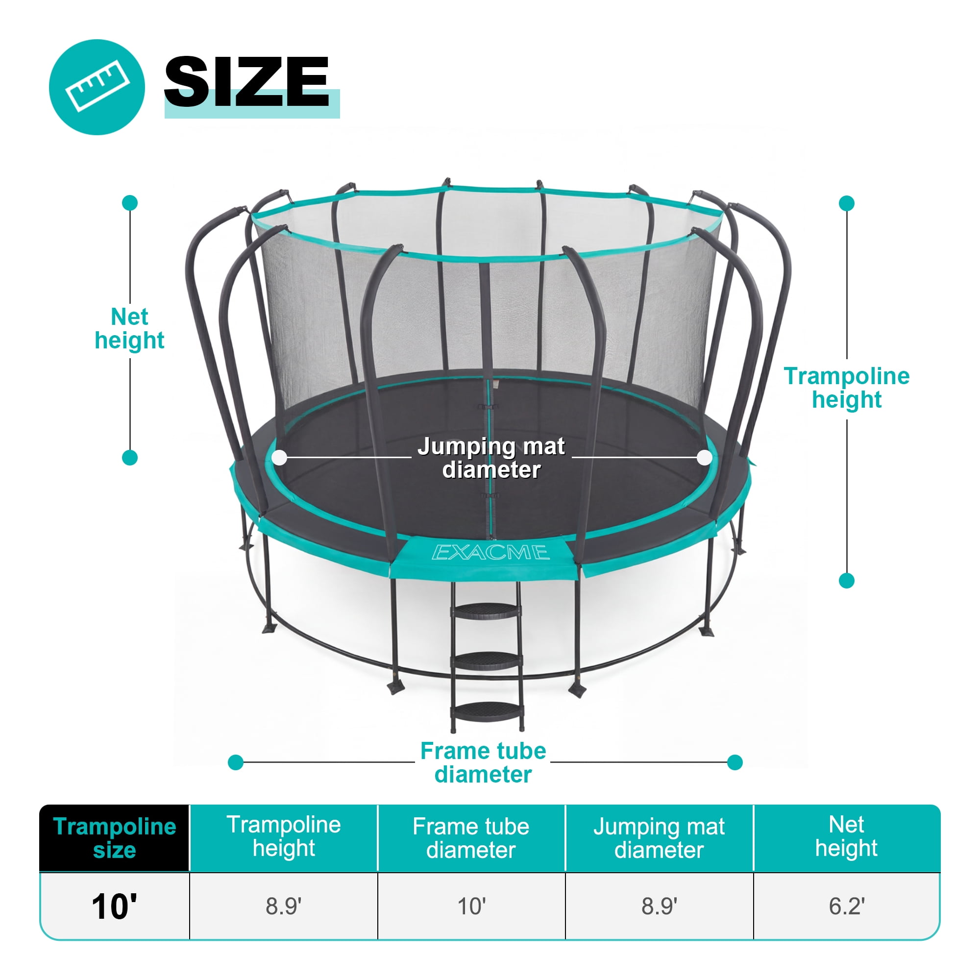 ExacMe Heavy-Duty Round Outdoor Trampoline with Safety Enclosure Net and Ladder (Black, 14 ft) l0byt
