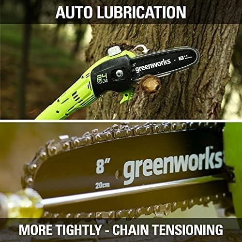 Greenworks 24V 8 in Cordless Pole Saw with 2.0Ah Battery and Charger (Green, 11 ft Reach) o7d4f