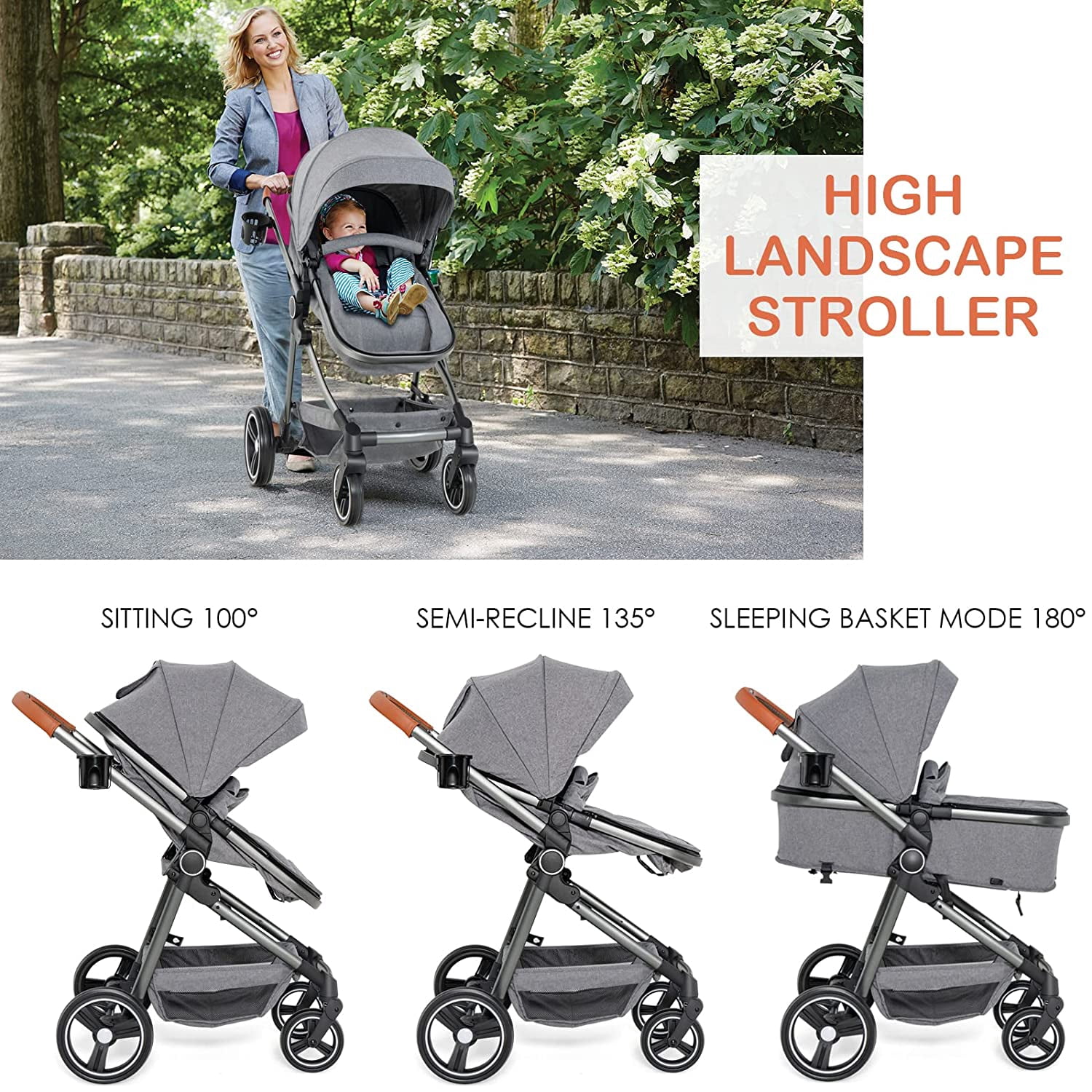 Olakids 2-in-1 Convertible Baby Stroller, High Landscape Reversible Pram with Adjustable Canopy and 5-Point Harness (Grey) tc6m1