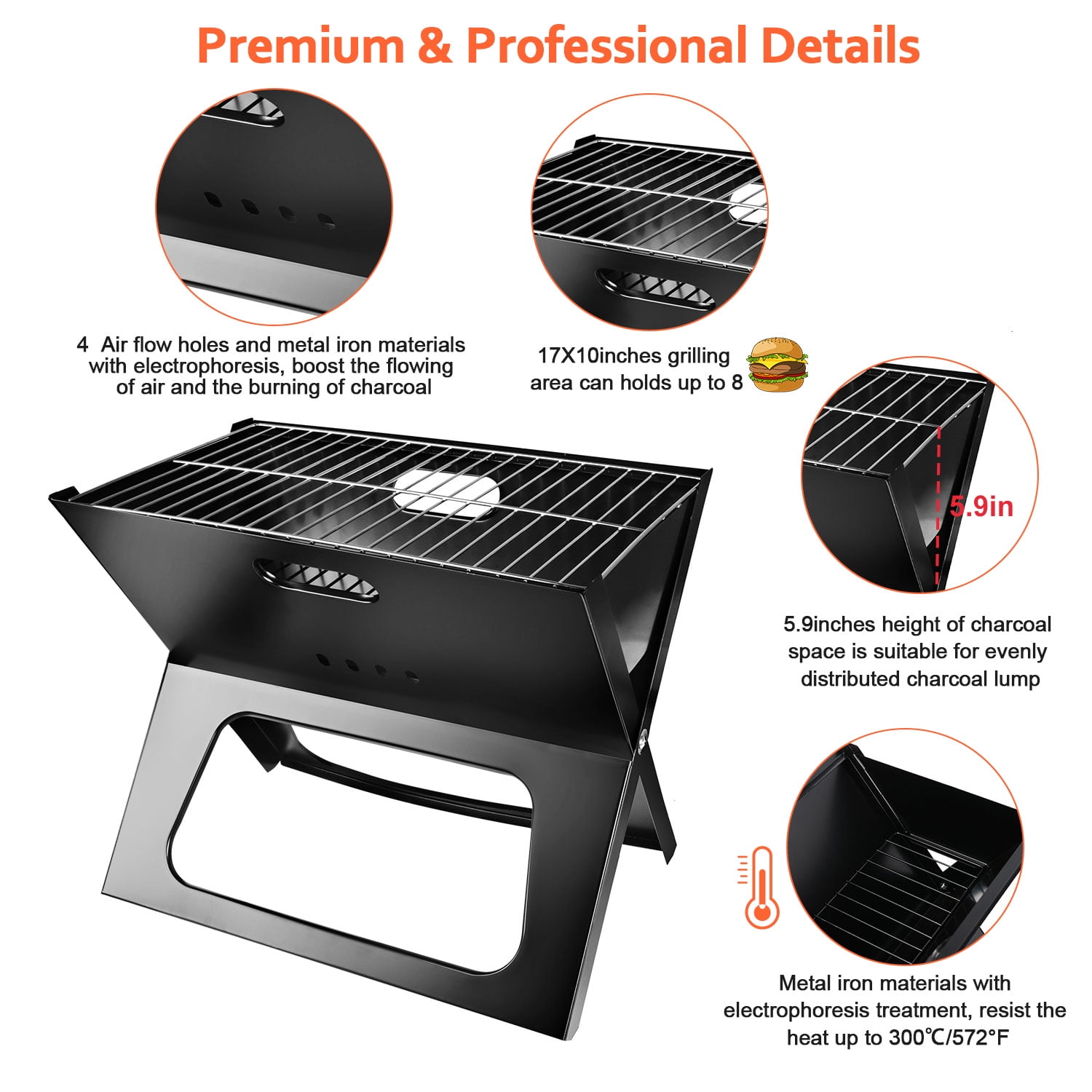 Imountek Portable Charcoal Grill, Foldable Outdoor Barbecue for Camping and Tailgating (Black, 17.1 x 11 x 14.8 in) 6effy