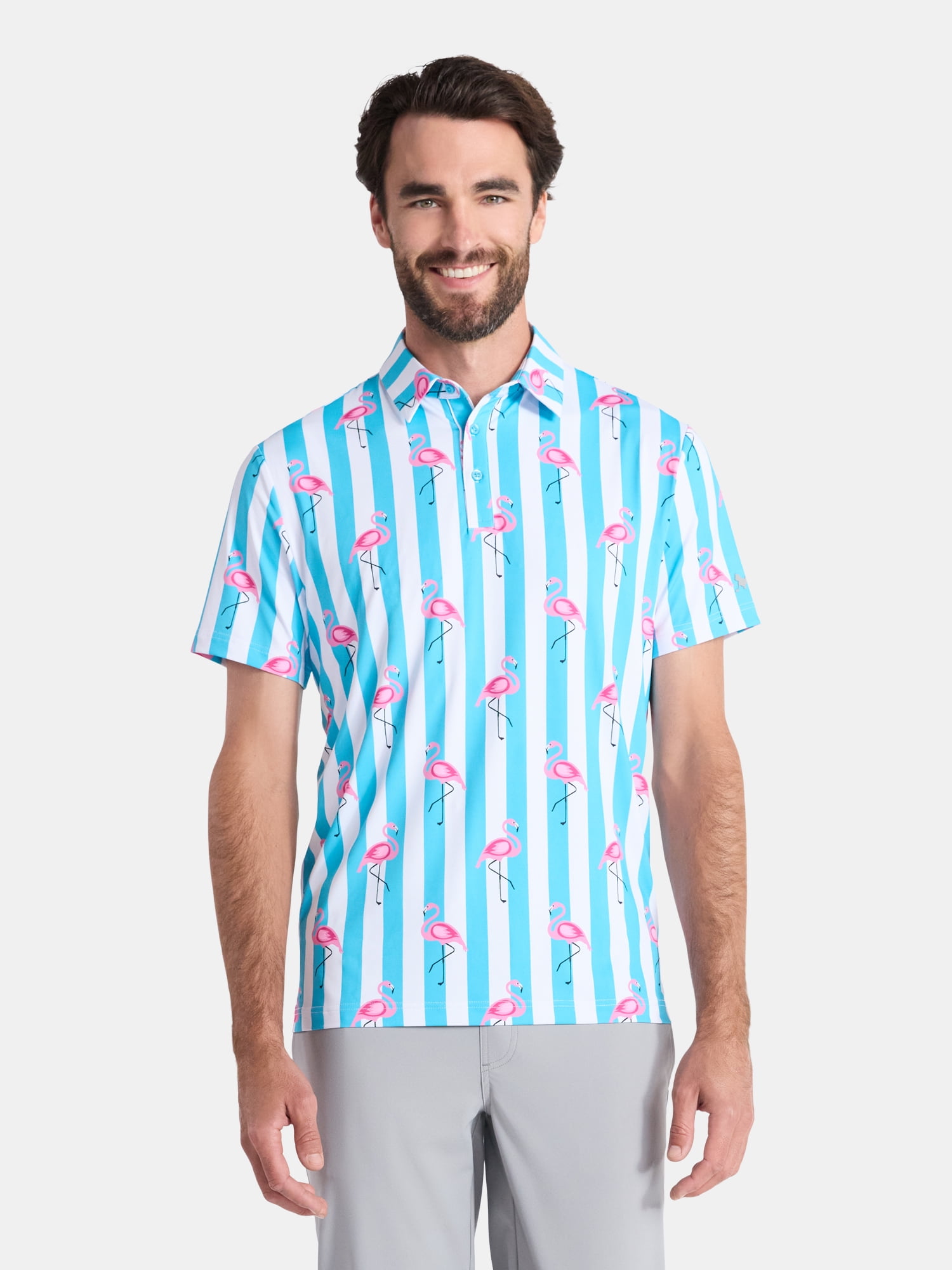 Birdie Bound Men's Beverly Stripe Flamingos Print Polo Shirt (Blue, XS-4XLT) 4lm7p