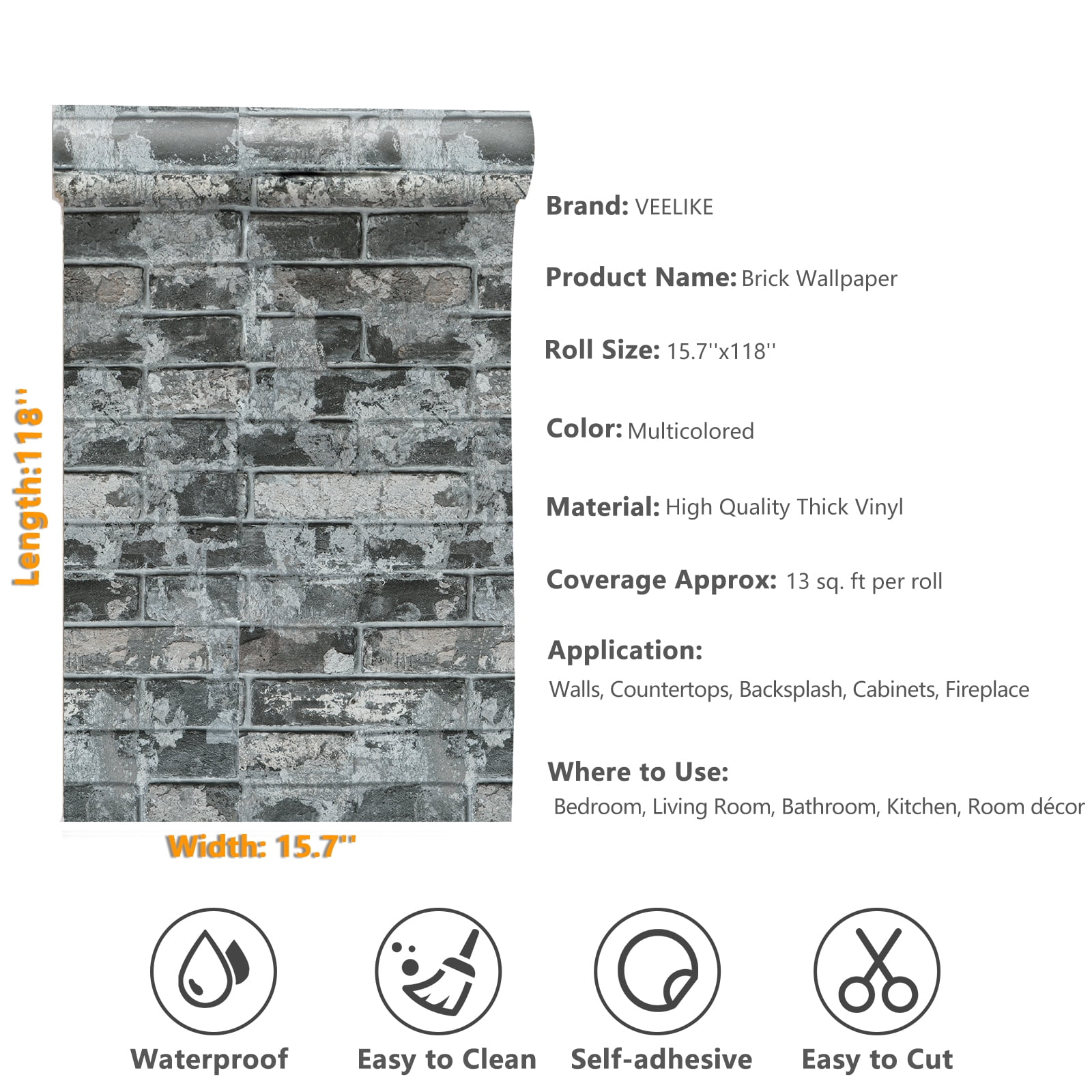 VEELIKE Peel and Stick Grey Brick Wallpaper, 3D Textured Self-Adhesive Contact Paper for Walls and Backsplash (Grey, 15.7 in x 118 in) 7j62e