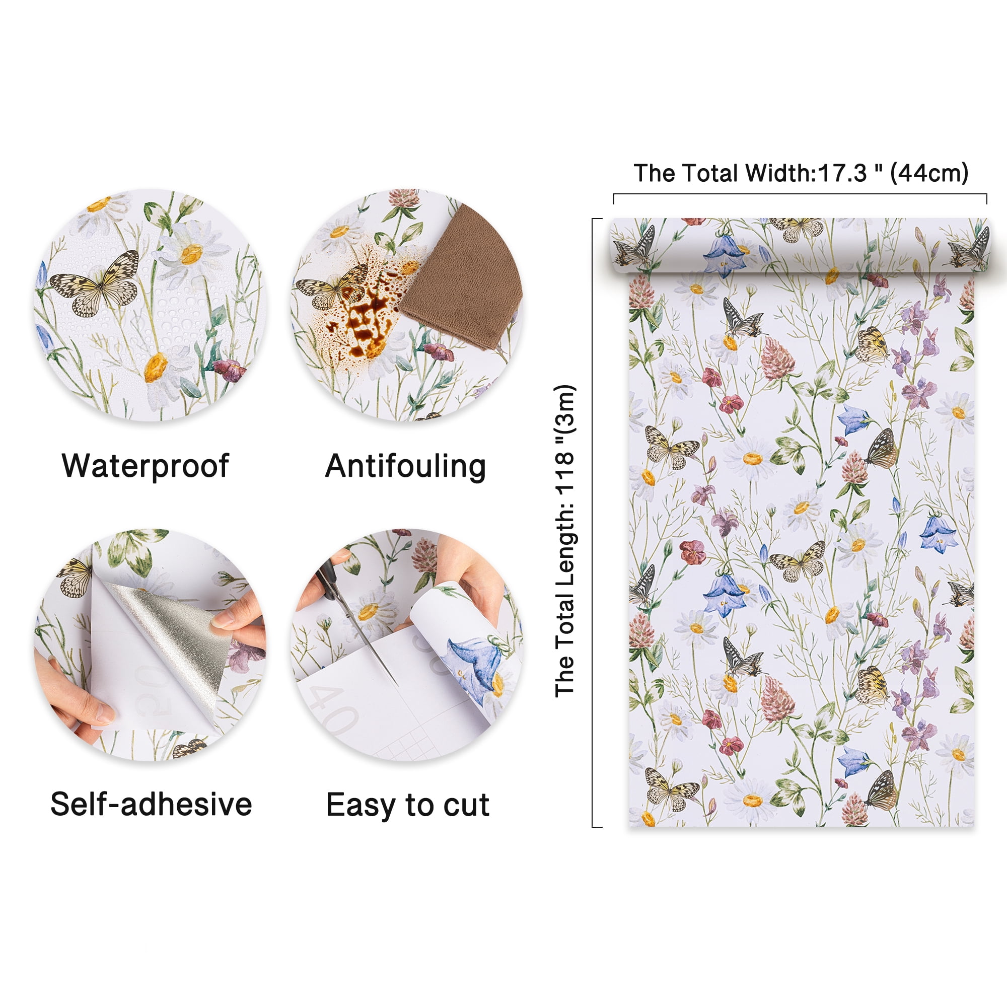Abyssaly Floral Peel and Stick Wallpaper, Self-Adhesive Removable Vinyl Wall Decor for Home (White, 17.3 in x 393.7 in) kvbsw