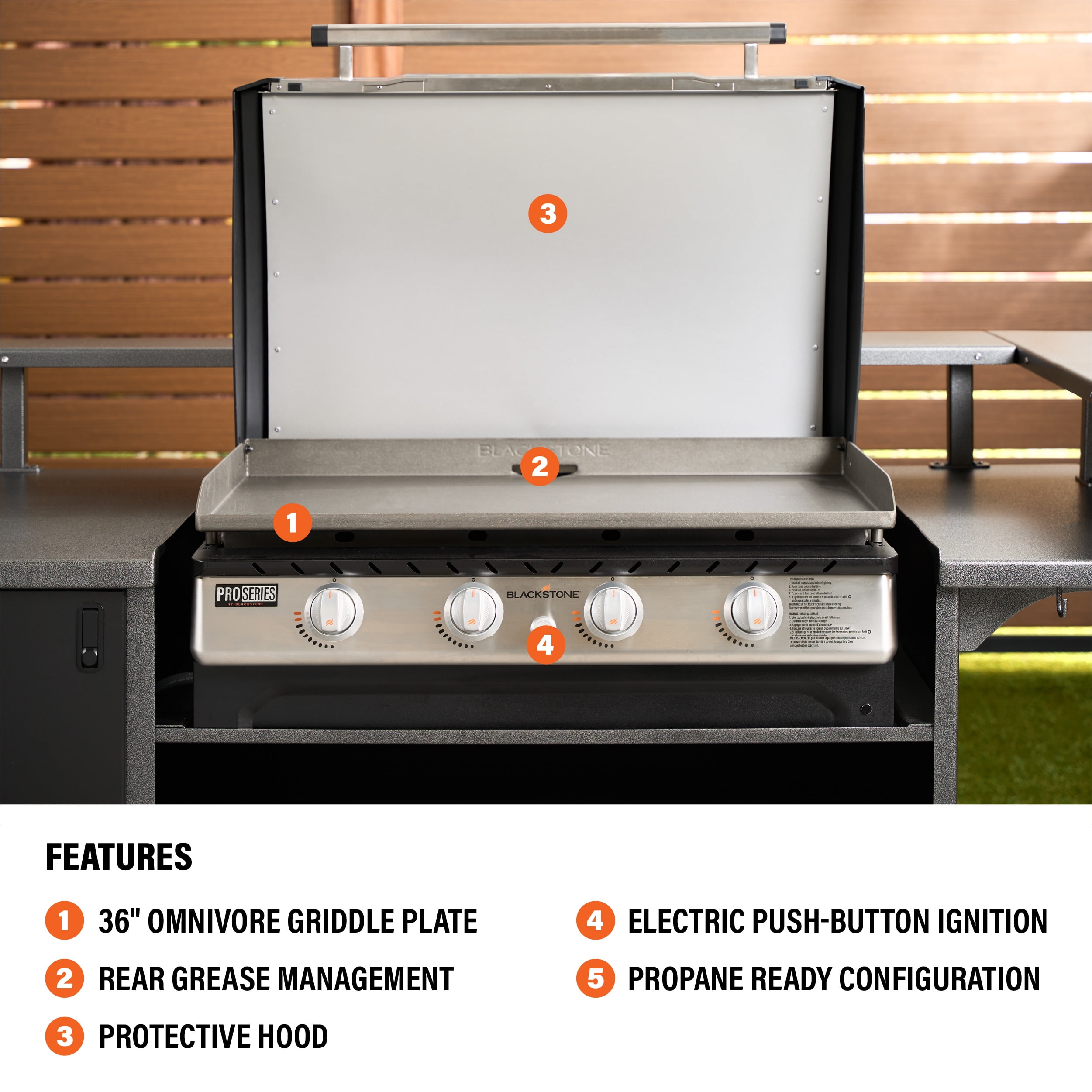 Blackstone Pro Series 36-inch 4-Burner Propane Omnivore Drop-in Outdoor Griddle with Hood (Silver, 768 sq in) 5r8ii
