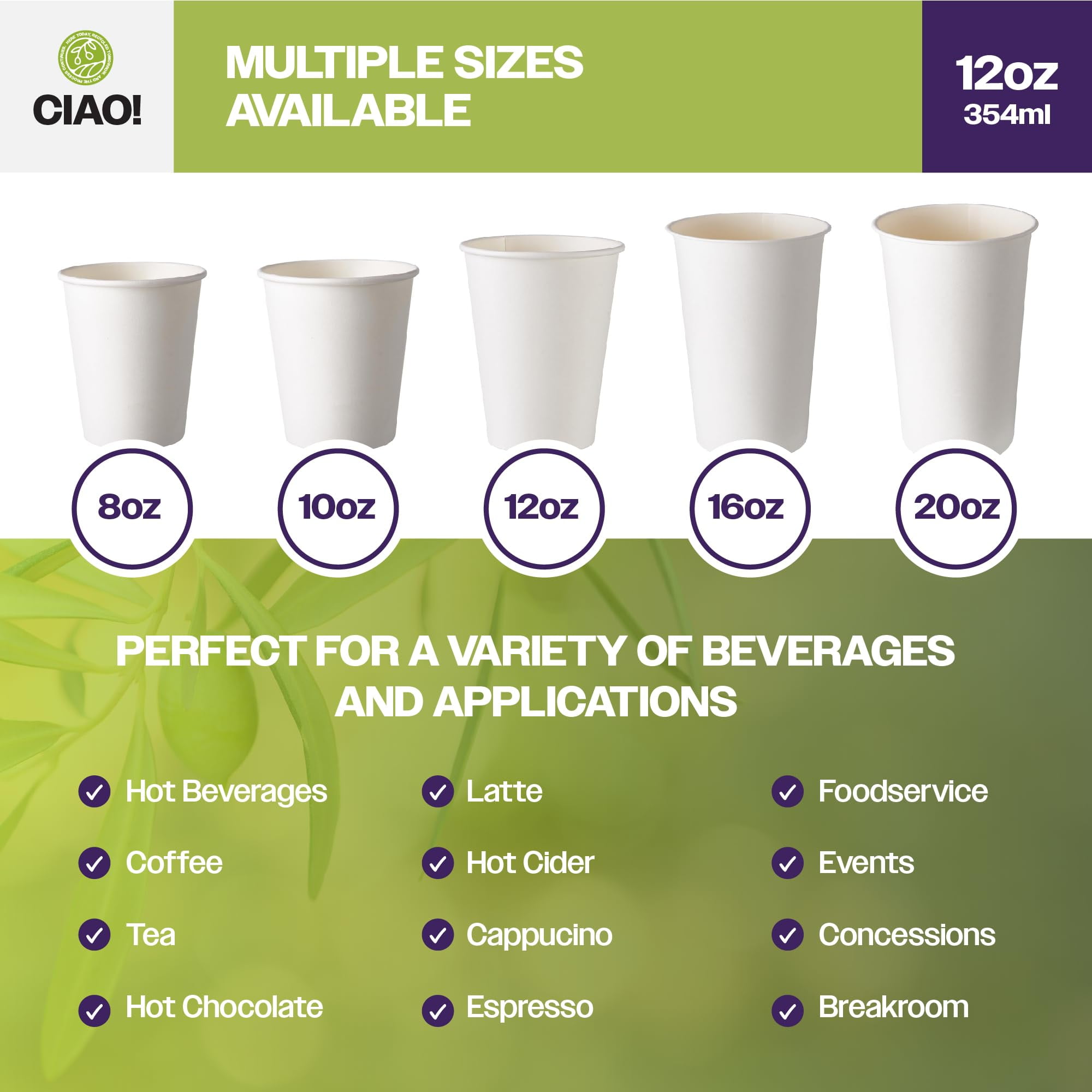 CIAO! Disposable Paper Hot Cups, Insulated Coffee and Tea Cups (White, 12 fl oz, 1000 Count) 4i4wq