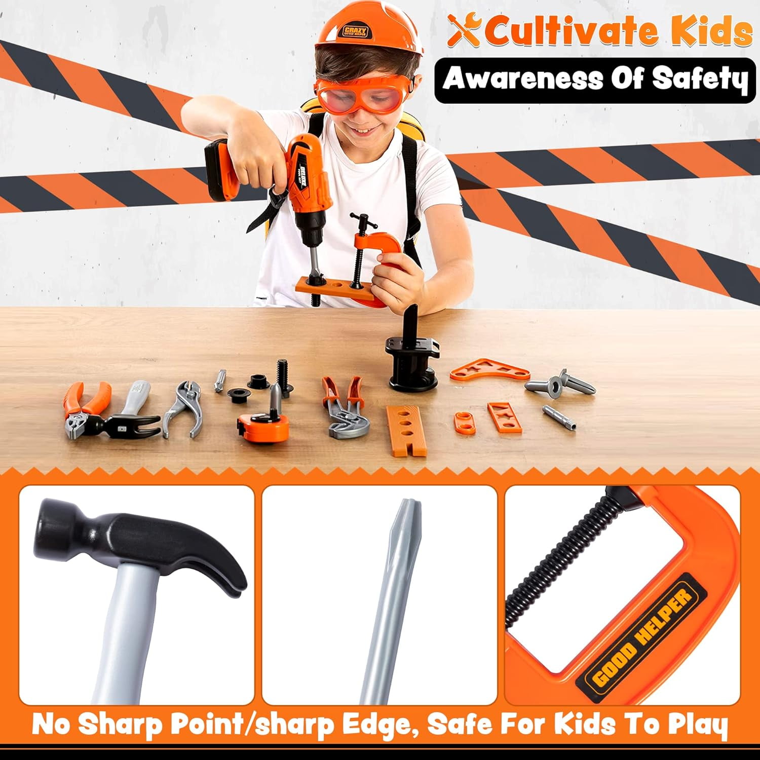 Joyfy 32-Piece Construction Tool Pretend Play Set with Electronic Toy Drill and Backpack (Orange, 32 Pieces) ta8me