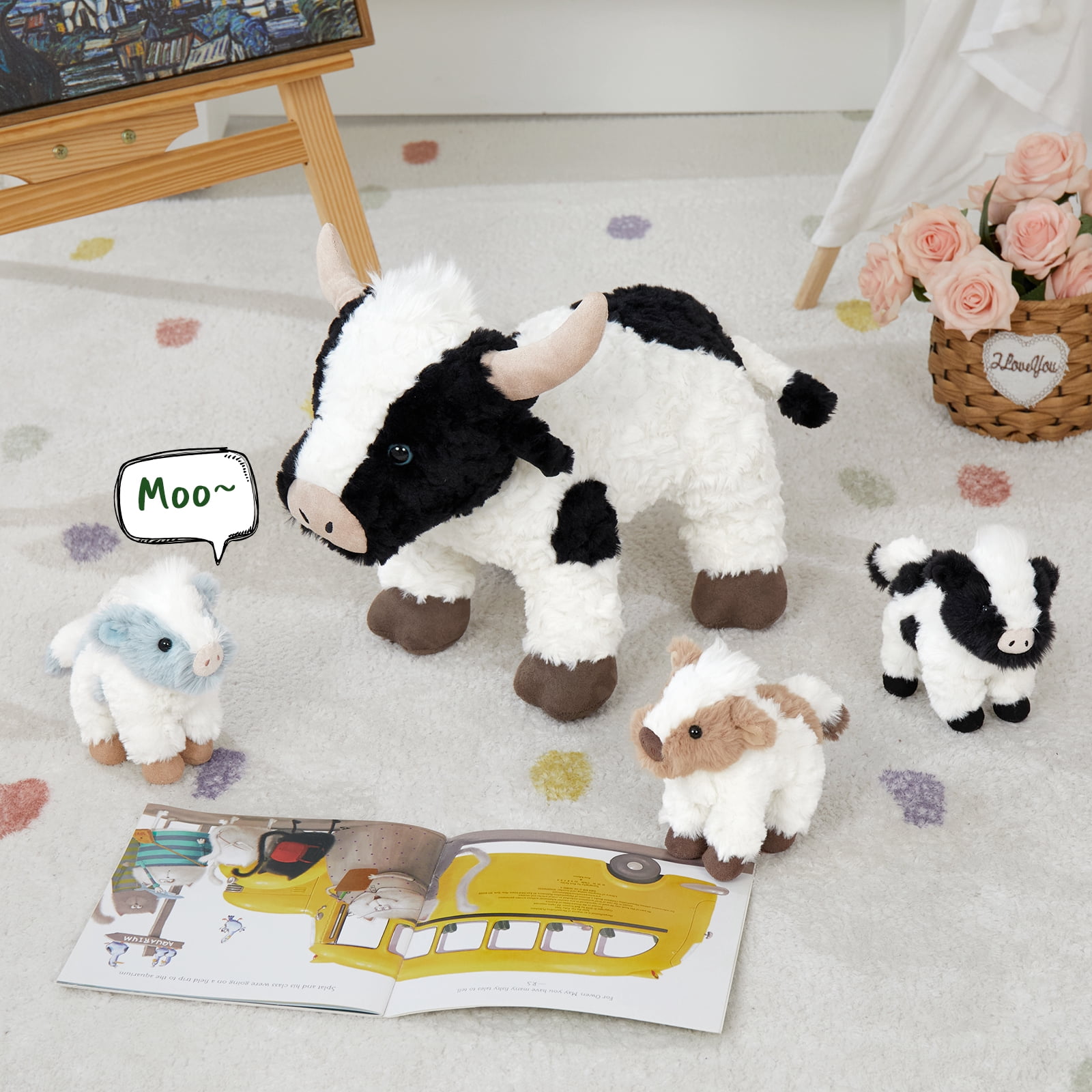 MorisMos Cow Stuffed Animal Set with 3 Baby Calf Plushies (White, 20.5 in) utivh