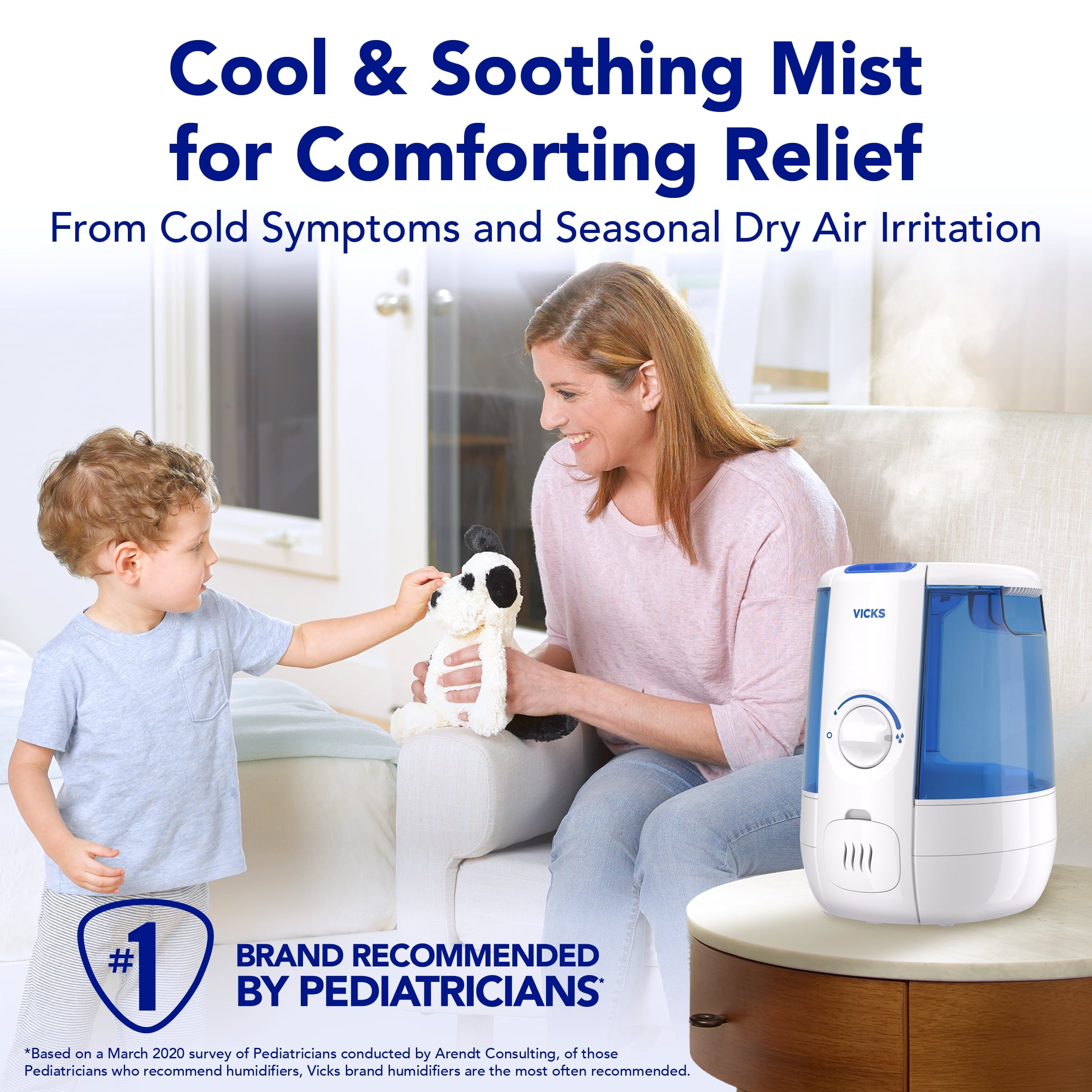 Vicks Cool Relief Ultrasonic Humidifier, Filter-Free Quiet Operation for Bedroom (White, 1.2 gal) v4wzq