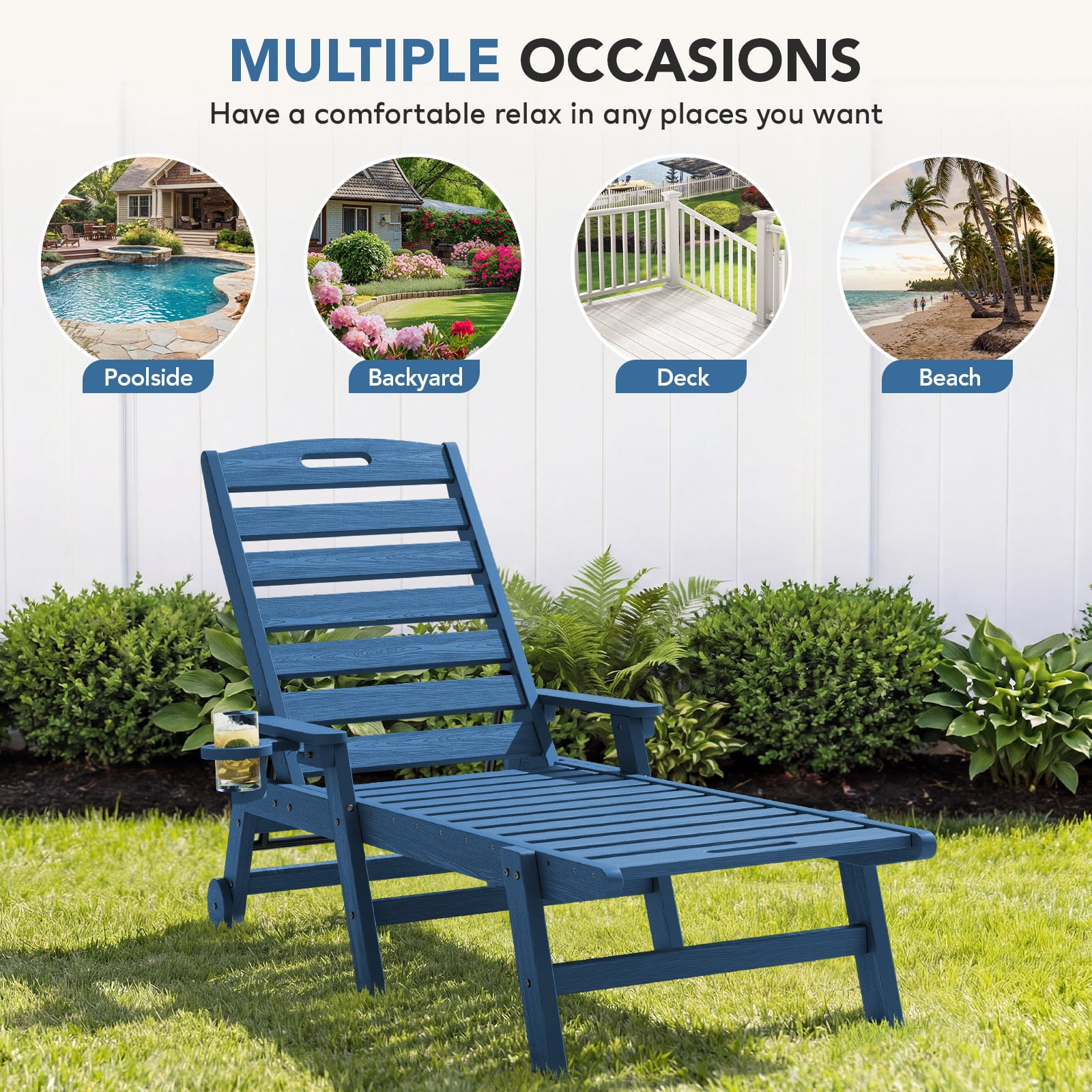 Loyalice Adjustable Wheeled HDPE Outdoor Patio Lounge Chair with Cup Holder (Navy Blue, 78.3 in x 25.1 in x 16.3 in) 2nwno