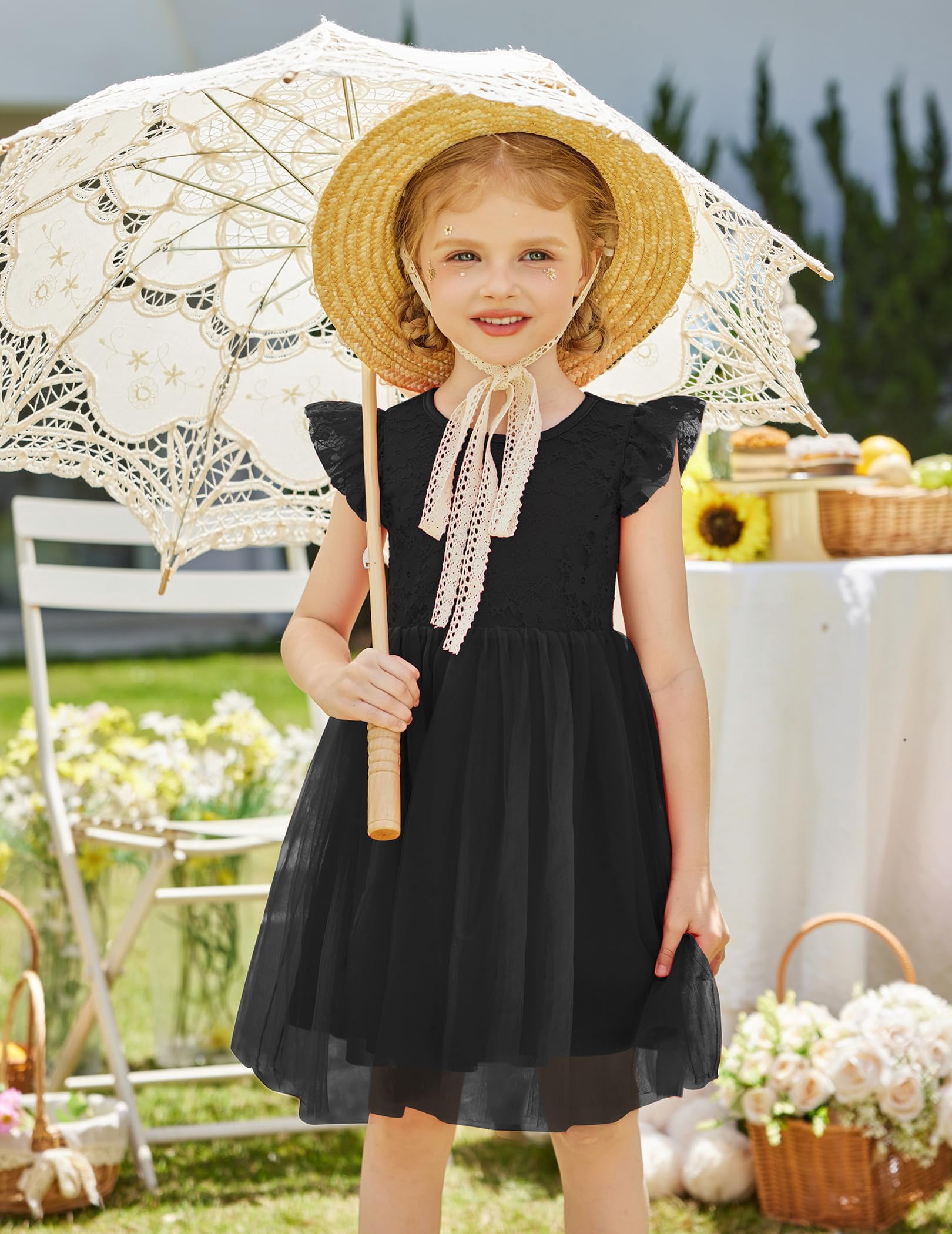 Oudiya Toddler Girls Lace Tutu Dress 3-Layer Tulle Ruffle Sleeve Summer Party Dress (Black, 3T) 9qw3c