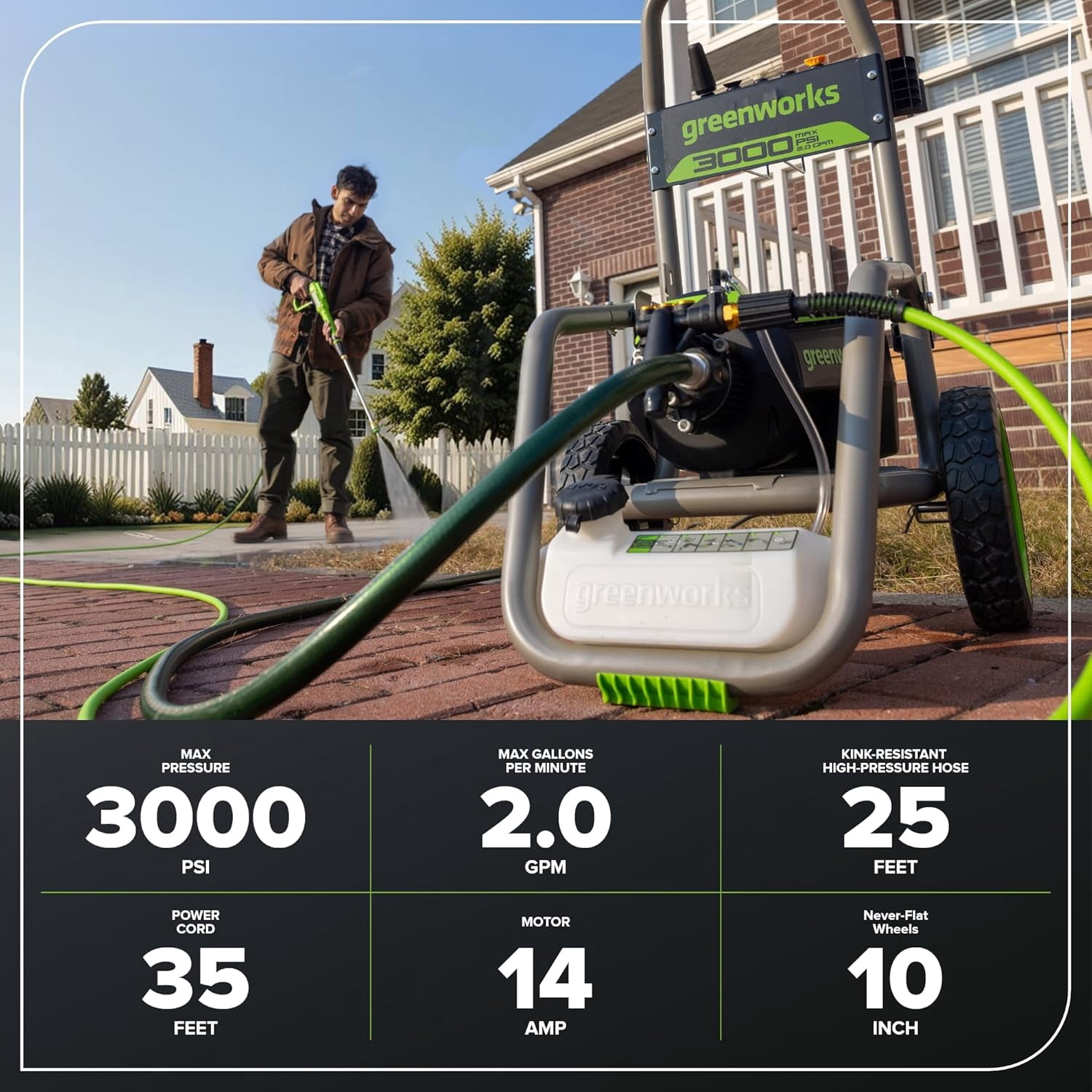 Greenworks Electric Pressure Washer, 3000 PSI 2.0 GPM Brushless Motor with 25 ft Hose (3000 PSI) tzw4o