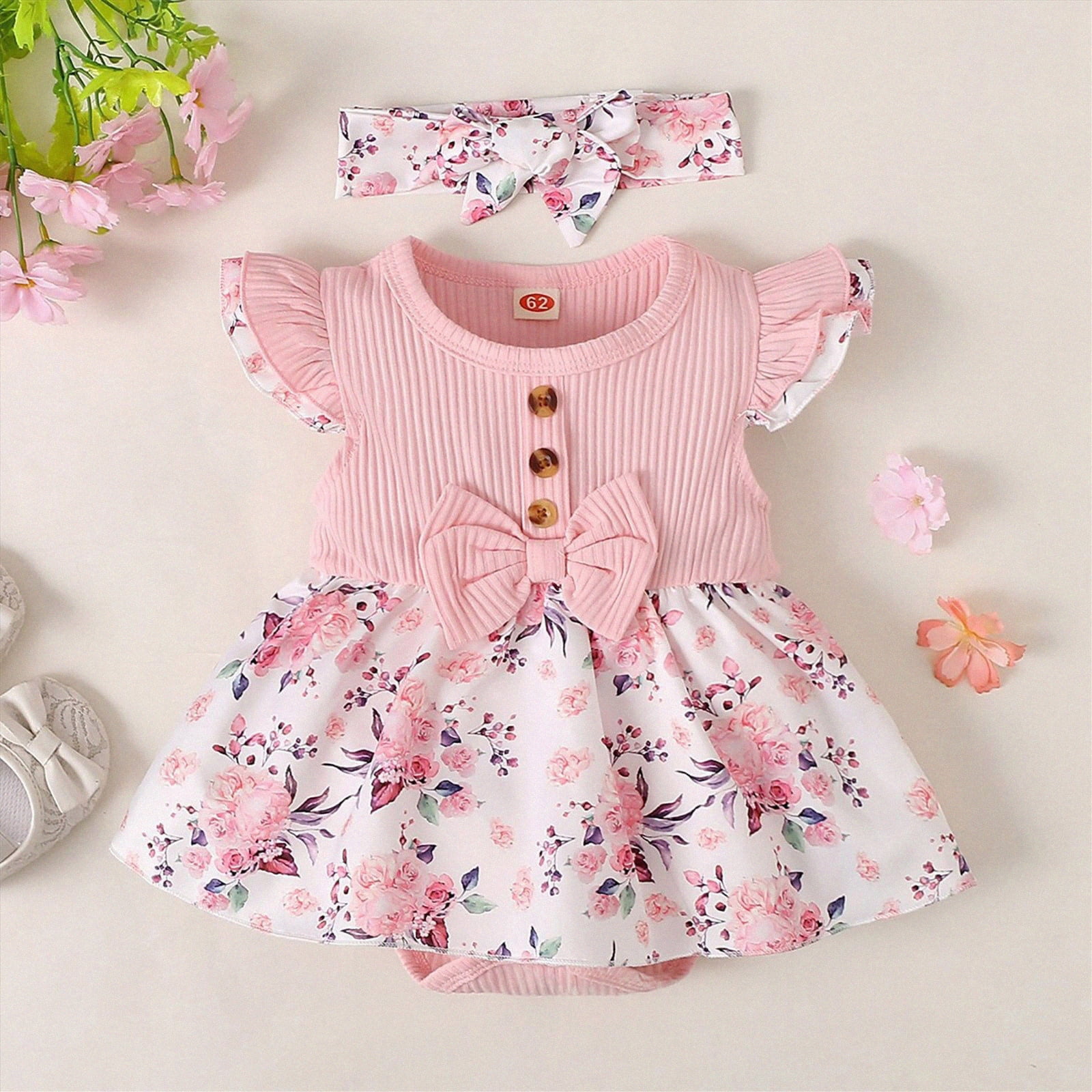 KPOPLK Baby Girl Bubble Romper with Headband Ruffle Sleeveless Bodysuit (Pink, 6-12 Months) pdtpx