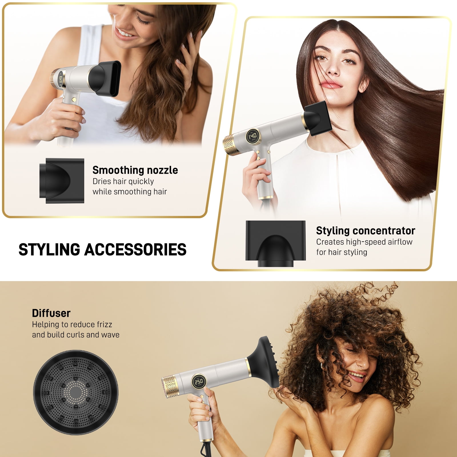 RACCOMB Professional Ionic Hair Dryer, High-Speed Salon Blow Dryer with 3 Attachments (Gold, 1 Unit) iiozx