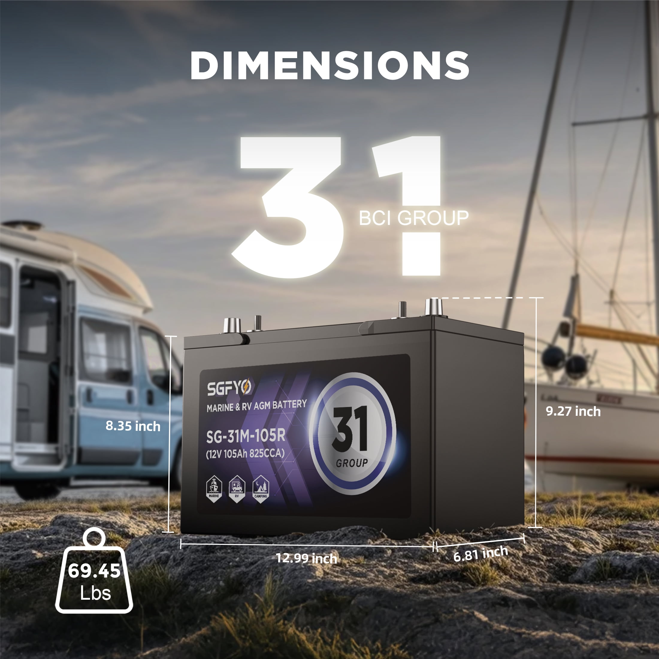 SGFYO Group Size 31M Dual Purpose AGM Battery for Marine and RV (12V 105Ah 825CCA) sy8nd