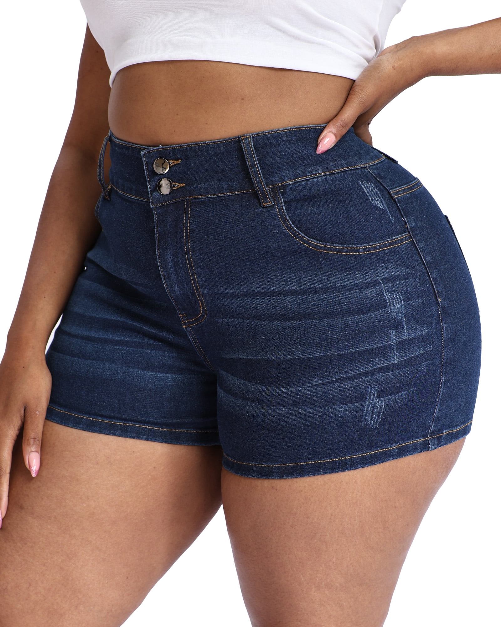Gocolloa Plus Size High Waisted Denim Shorts for Women Stretchy Leg-Shaping Jean Shorts (Dark Blue, 16W) j35d9
