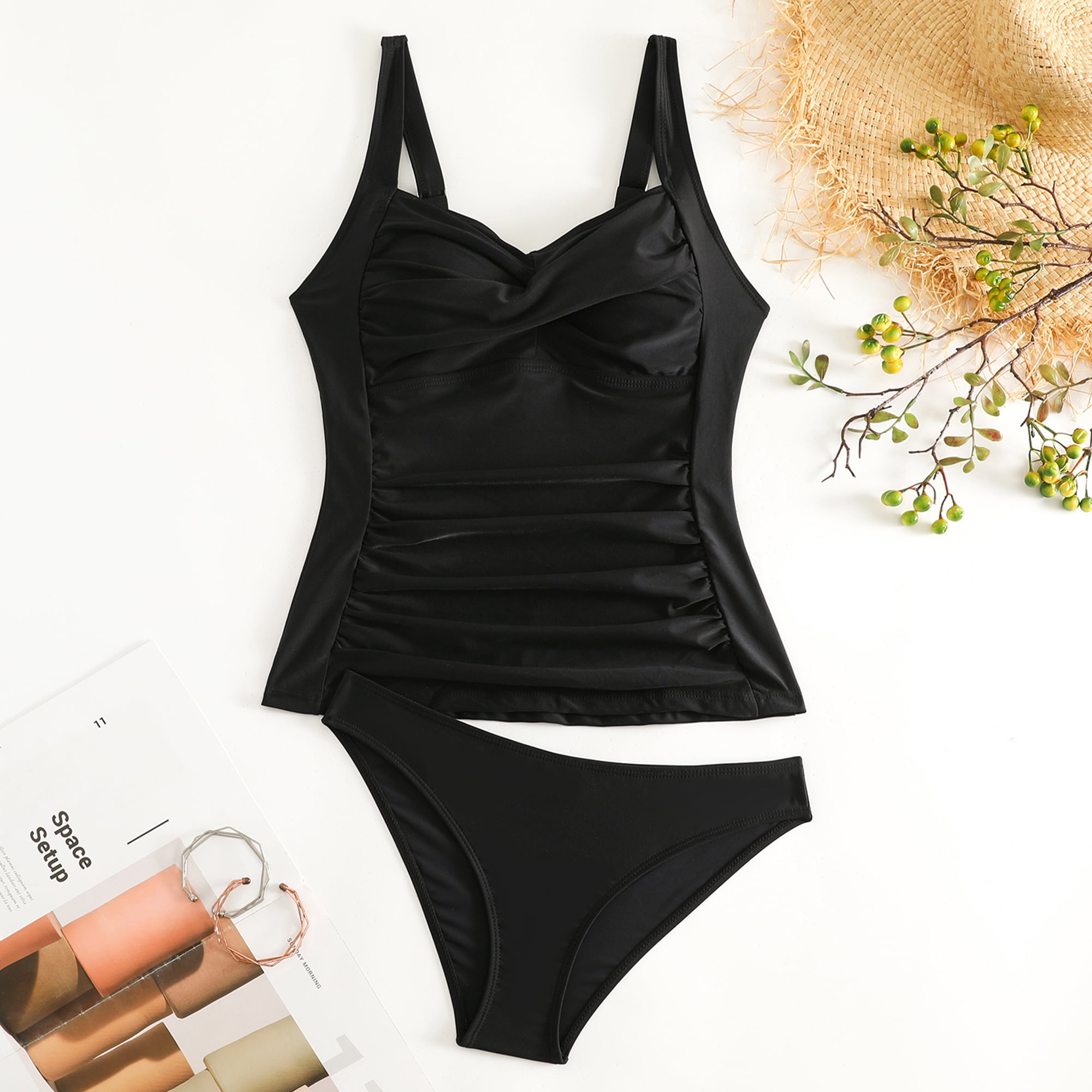 SOMER Women's Tankini Swimsuit 2 Piece Set Tummy Control High Waisted Ruched Bikini (Black, Medium) ewvap