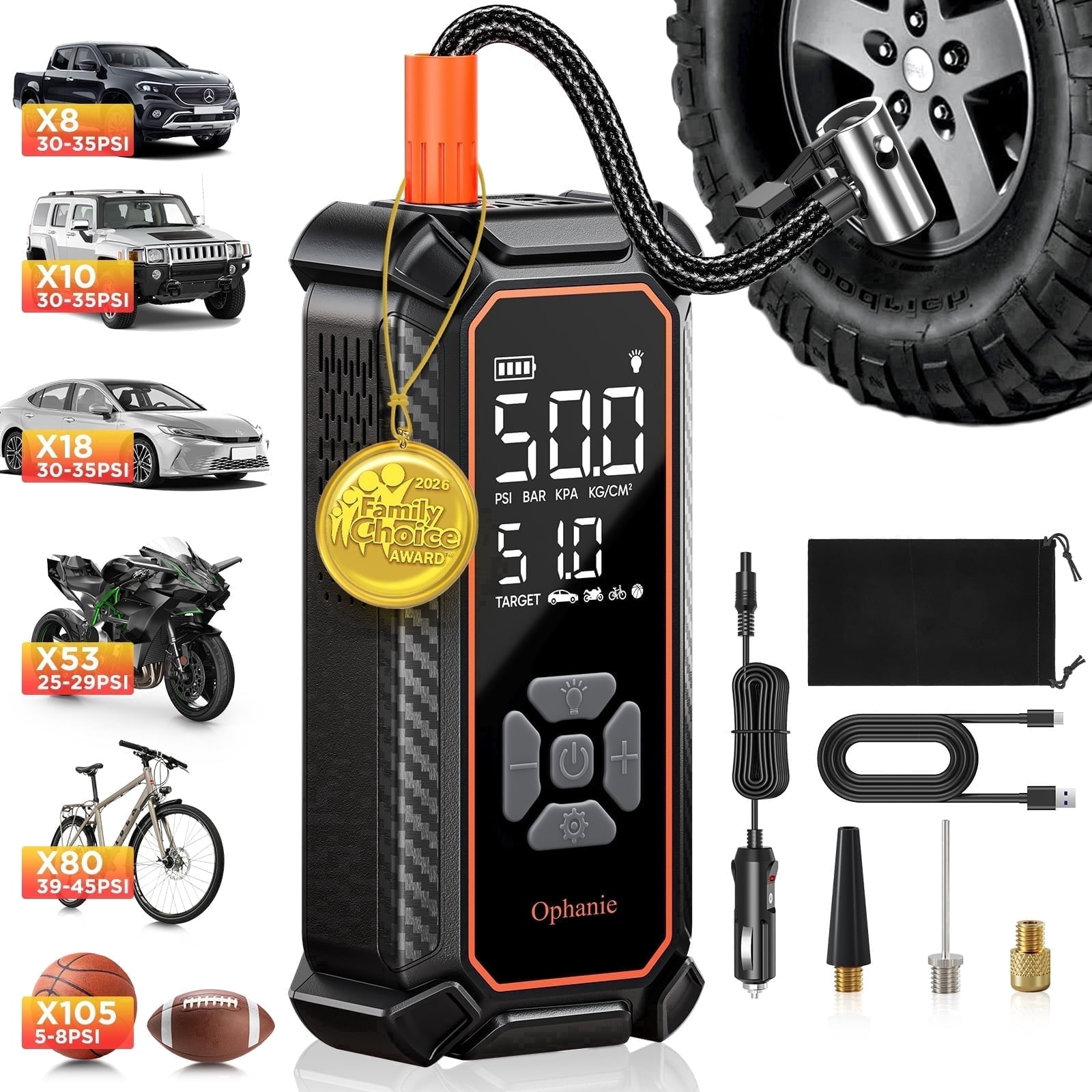 Ophanie Cordless Tire Inflator Portable Air Compressor, High-Pressure Digital Gauge with LED Light (Black, 6000mAh) itrry