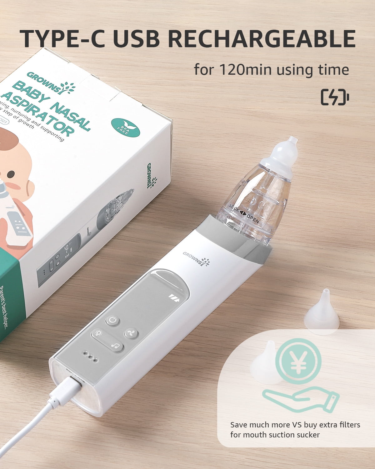 GROWNSY Baby Nasal Aspirator Electric Nose Cleaner with 3 Suction Levels (White, 1 Unit) hz5cr